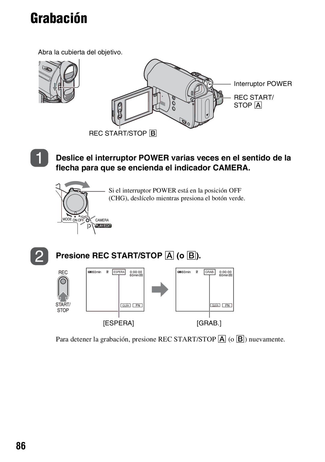 Sony DCR-HC54, DCR-HC52 manual Grabación, Presione REC START/STOP a o B 