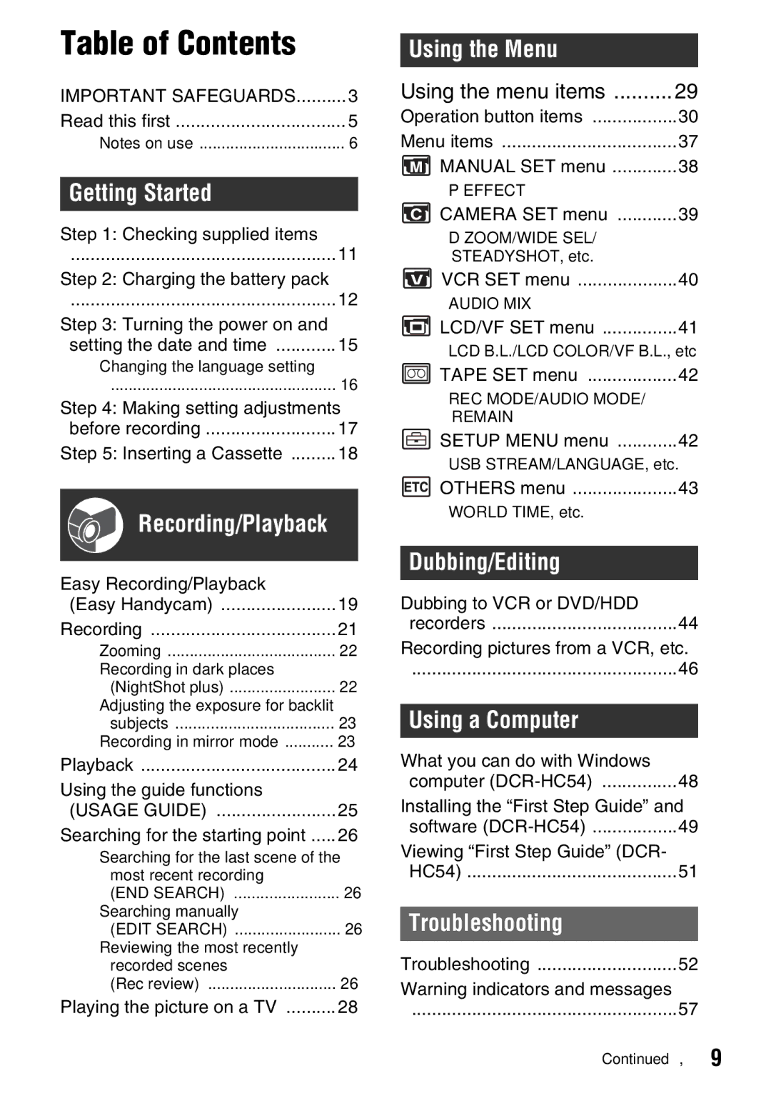 Sony DCR-HC52, DCR-HC54 manual Table of Contents 