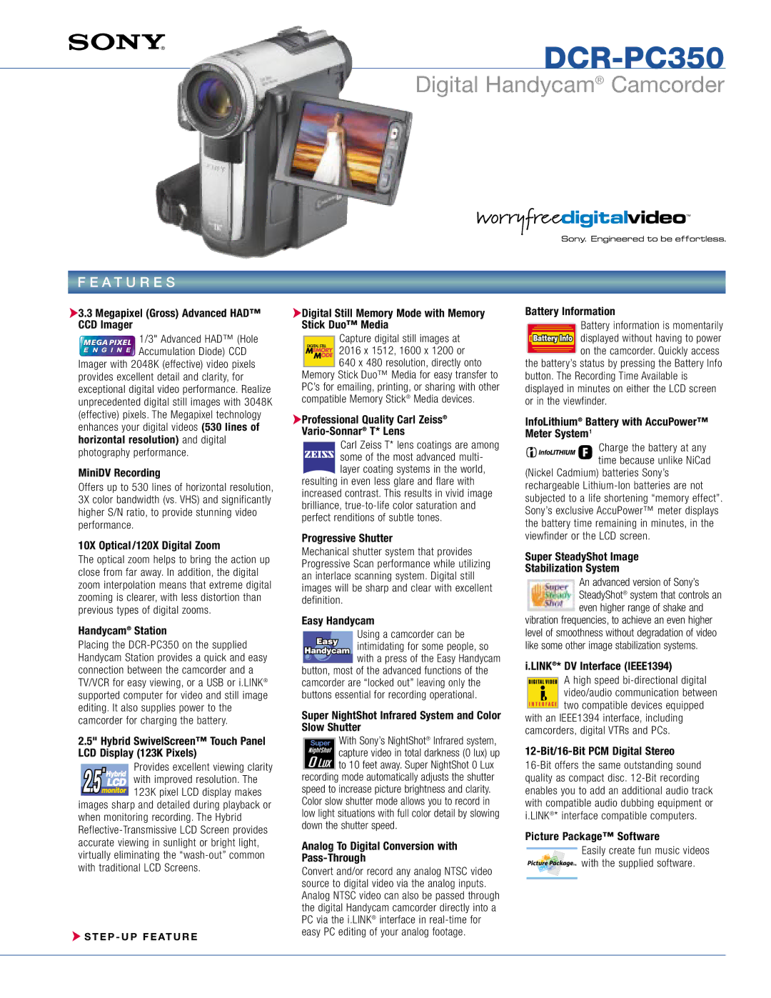 Sony DCR-PC350 manual Megapixel Gross Advanced had CCD Imager, MiniDV Recording, 10X Optical /120X Digital Zoom 