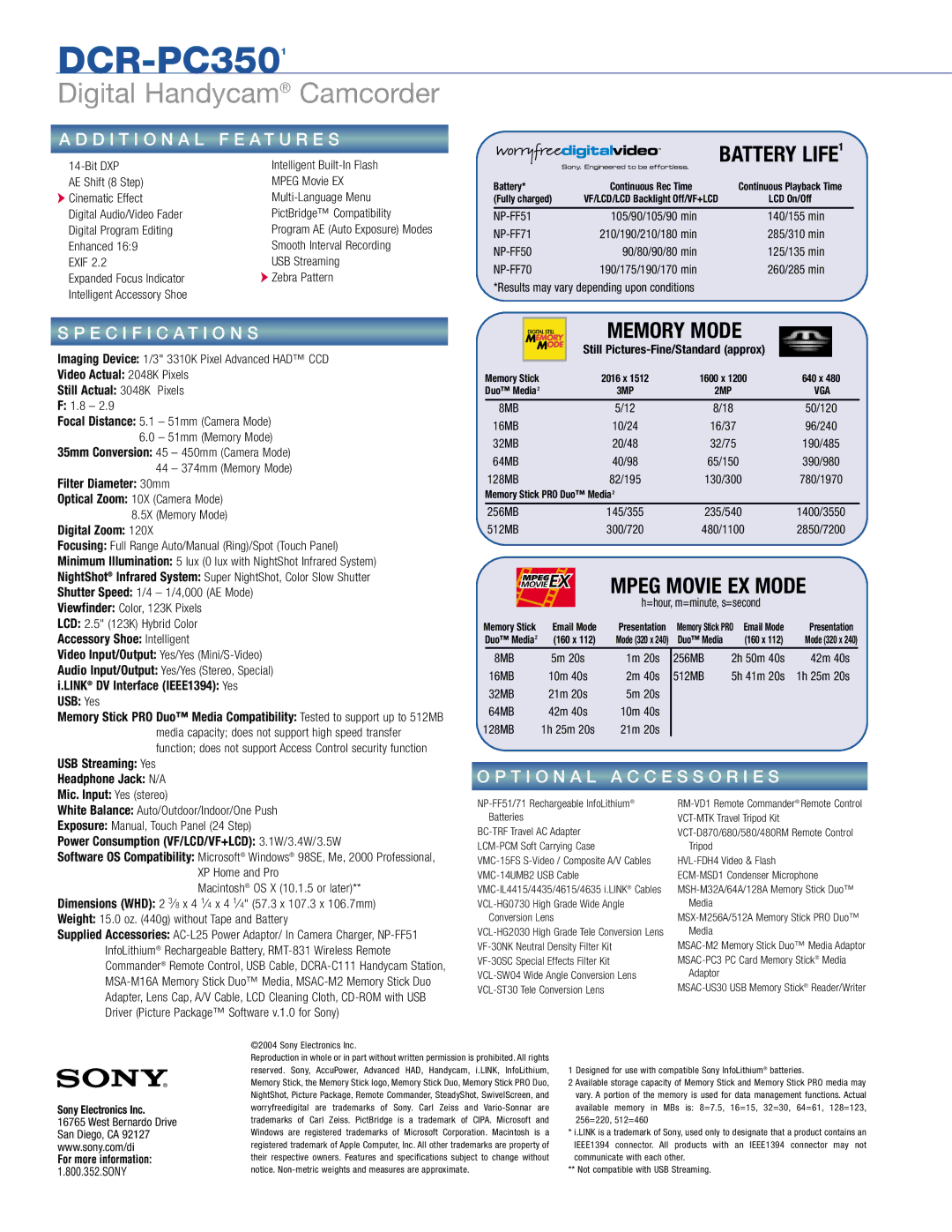 Sony DCR-PC350 manual Video Actual 2048K Pixels Still Actual 3048K Pixels, Filter Diameter 30mm, Digital Zoom 