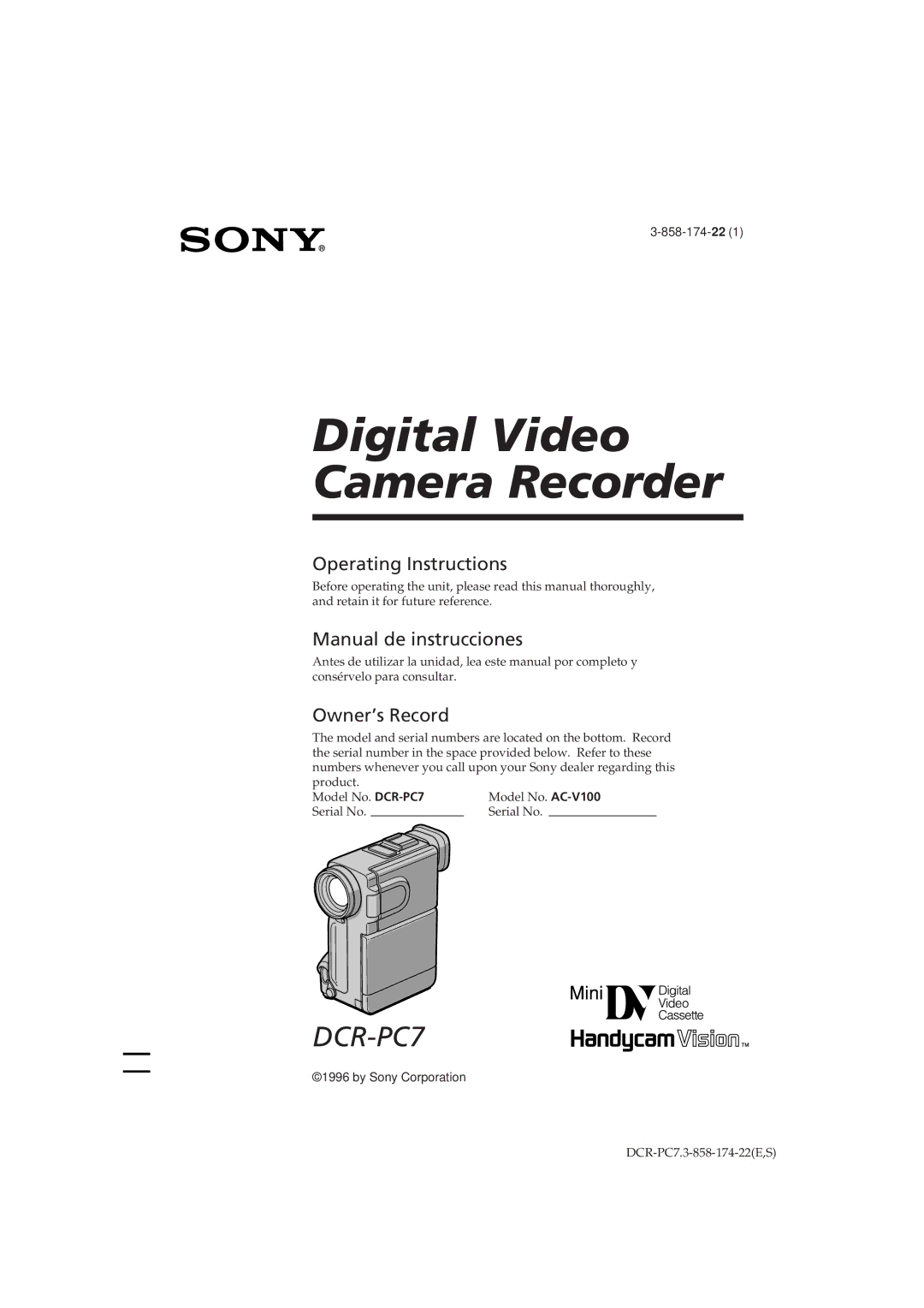 Sony DCR-PC7 operating instructions Digital Video Camera Recorder 