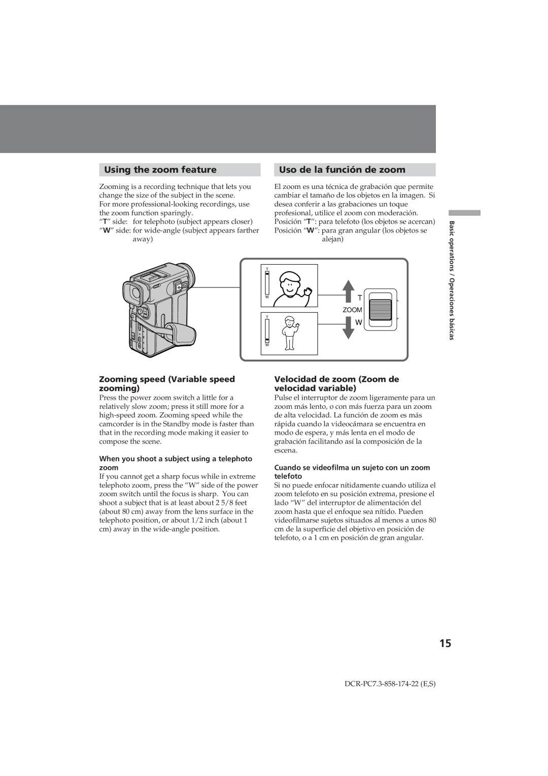 Sony DCR-PC7 operating instructions Using the zoom feature Uso de la función de zoom, Zooming speed Variable speed zooming 