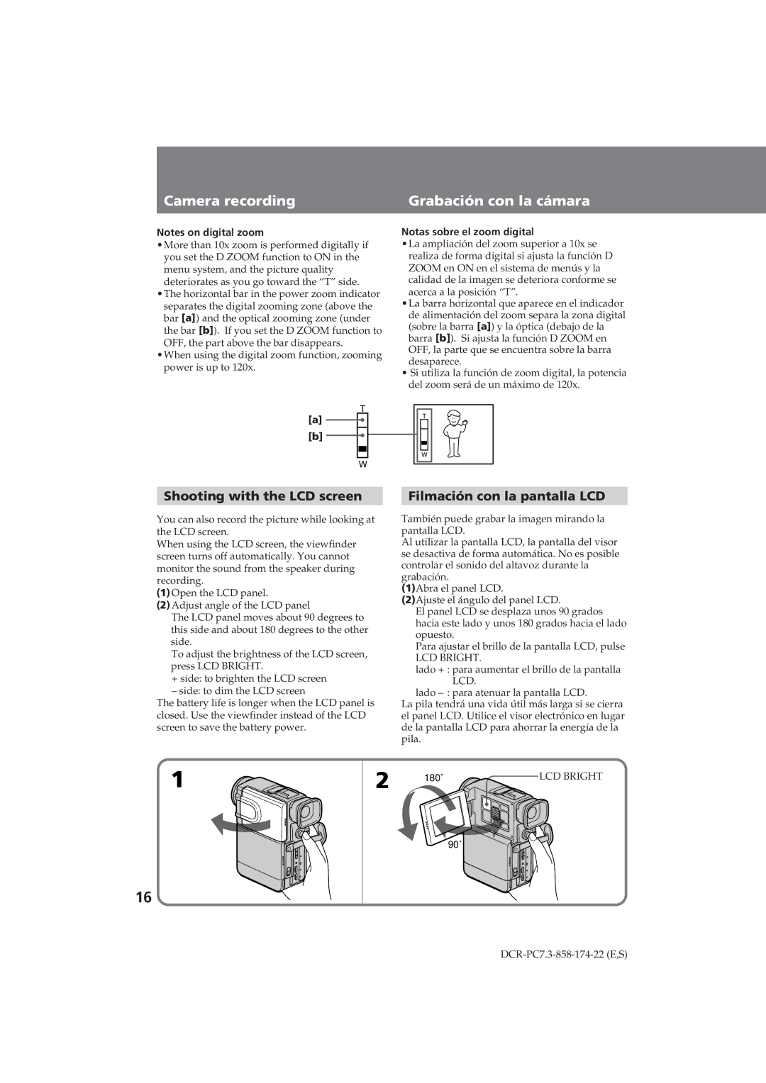 Sony DCR-PC7 operating instructions Shooting with the LCD screen Filmación con la pantalla LCD, Notas sobre el zoom digital 