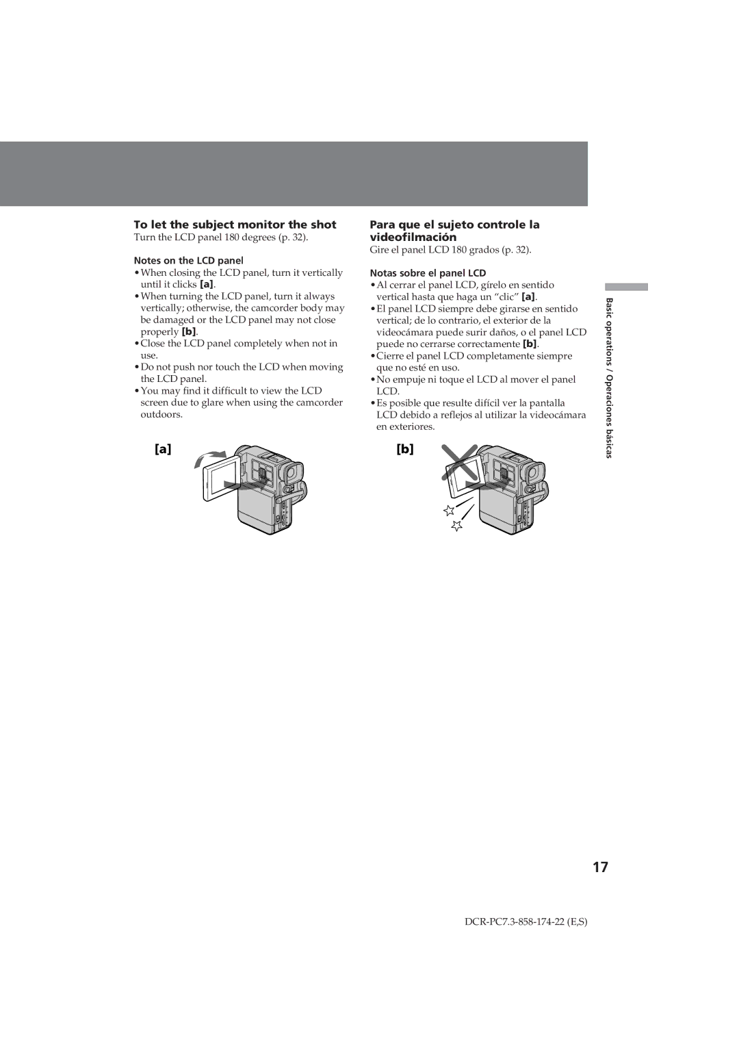 Sony DCR-PC7 To let the subject monitor the shot, Para que el sujeto controle la videofilmación, Notas sobre el panel LCD 