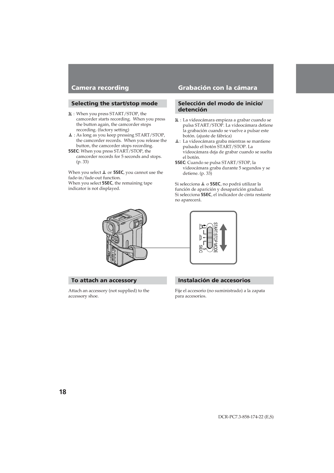 Sony DCR-PC7 operating instructions Selecting the start/stop mode, Selección del modo de inicio Detención 