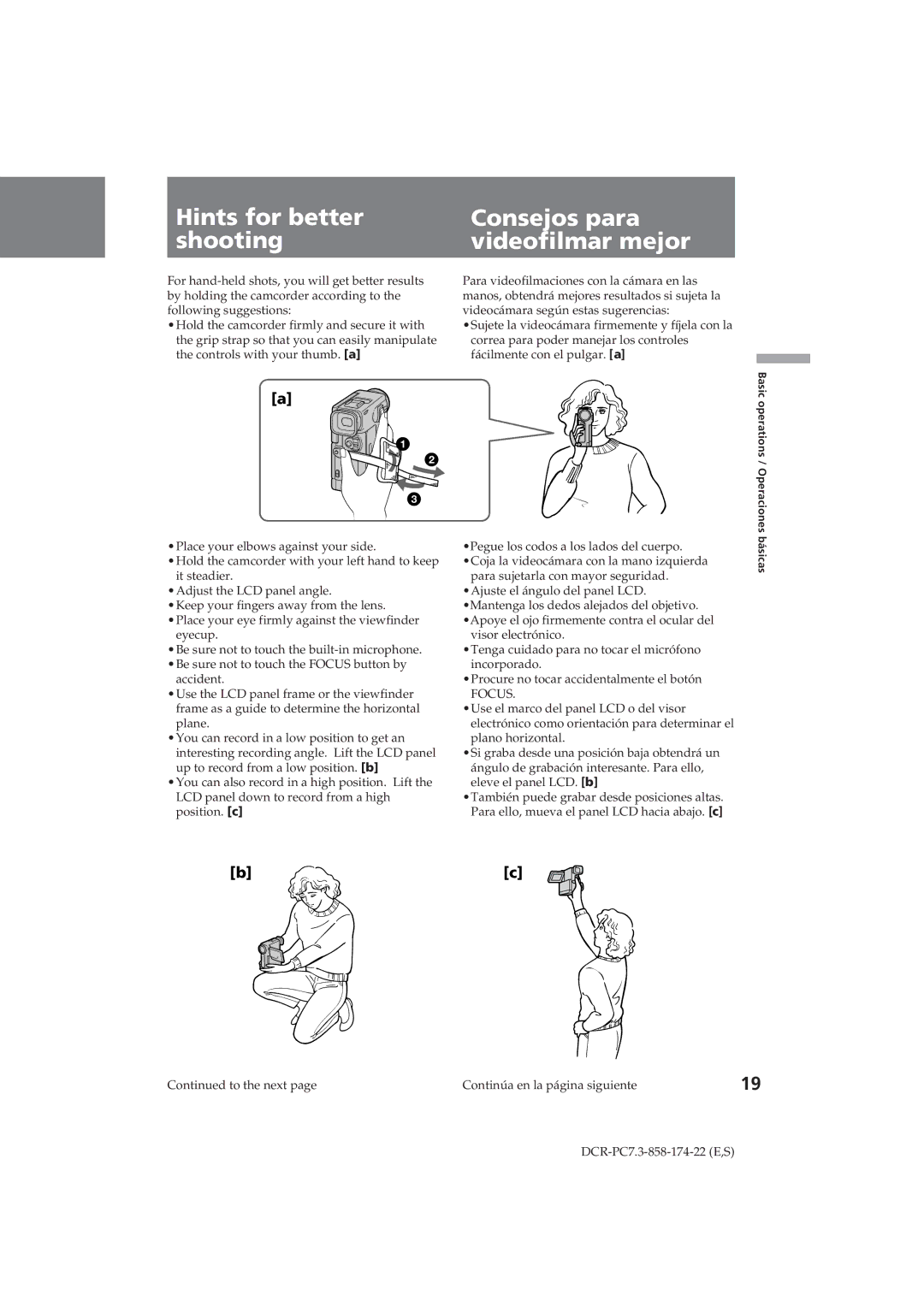 Sony DCR-PC7 operating instructions Hints for better Consejos para Shooting Videofilmar mejor, Focus 