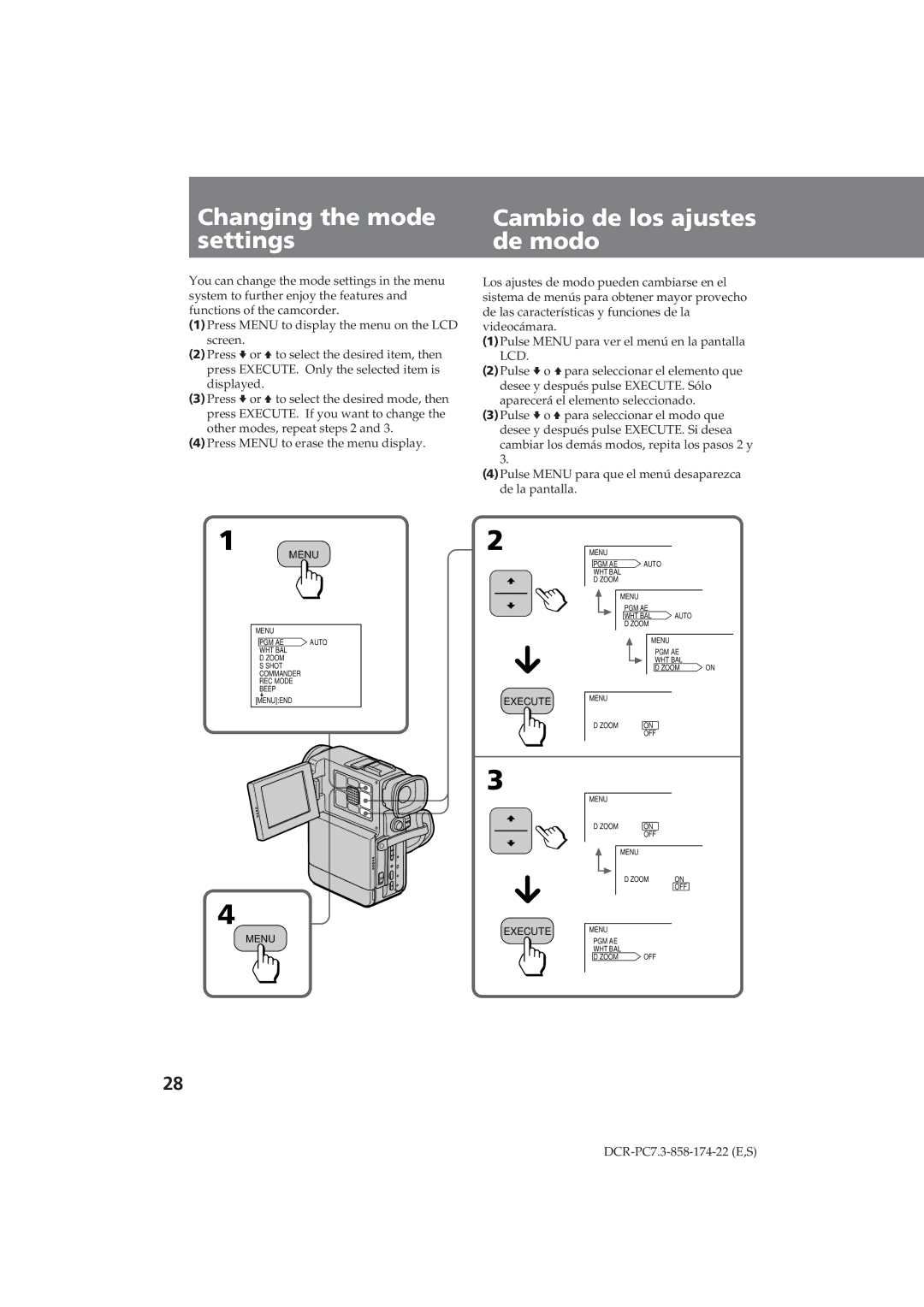 Sony DCR-PC7 operating instructions Changing the mode settings, Cambio de los ajustes de modo 