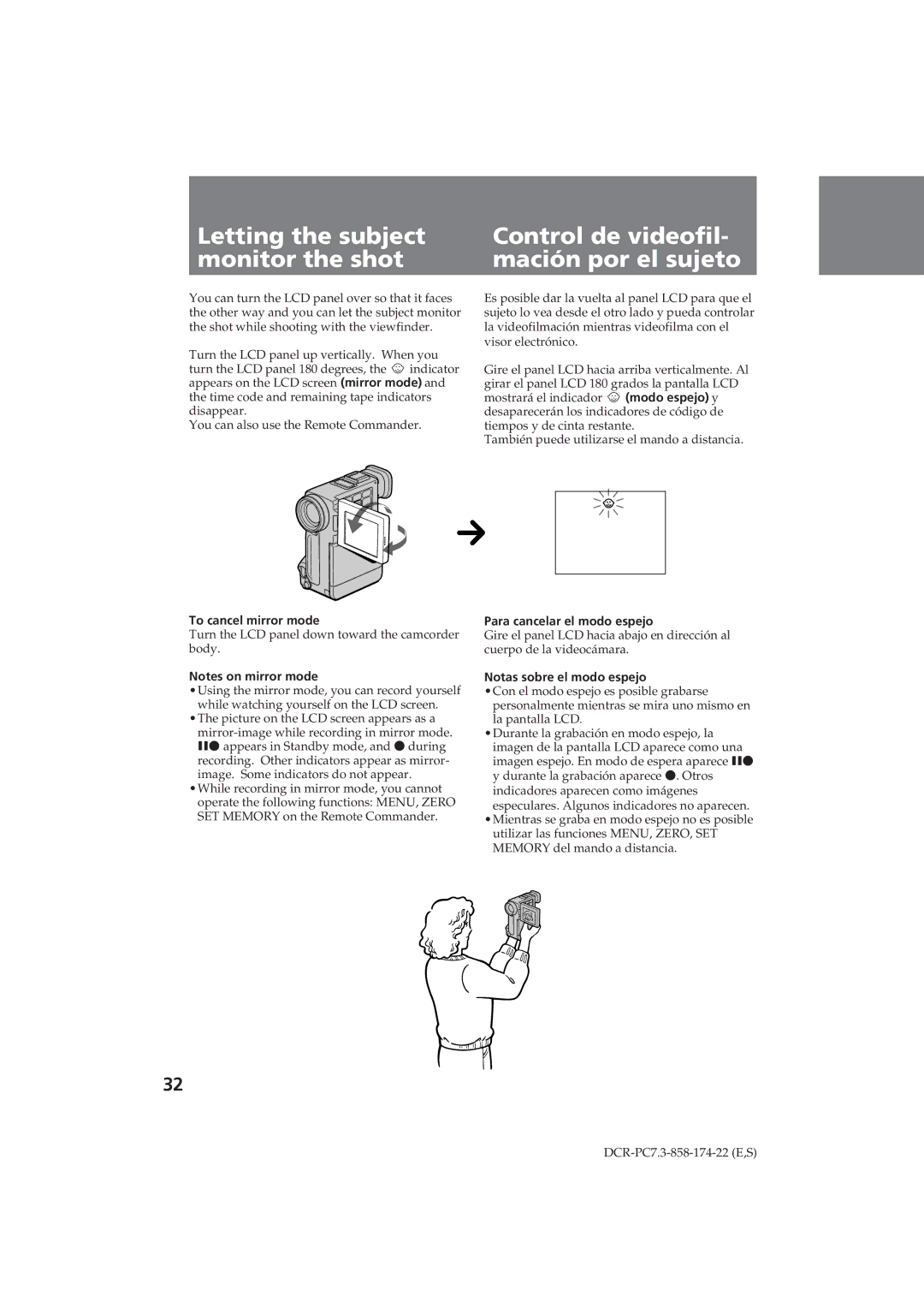 Sony DCR-PC7 operating instructions To cancel mirror mode, Para cancelar el modo espejo, Notas sobre el modo espejo 