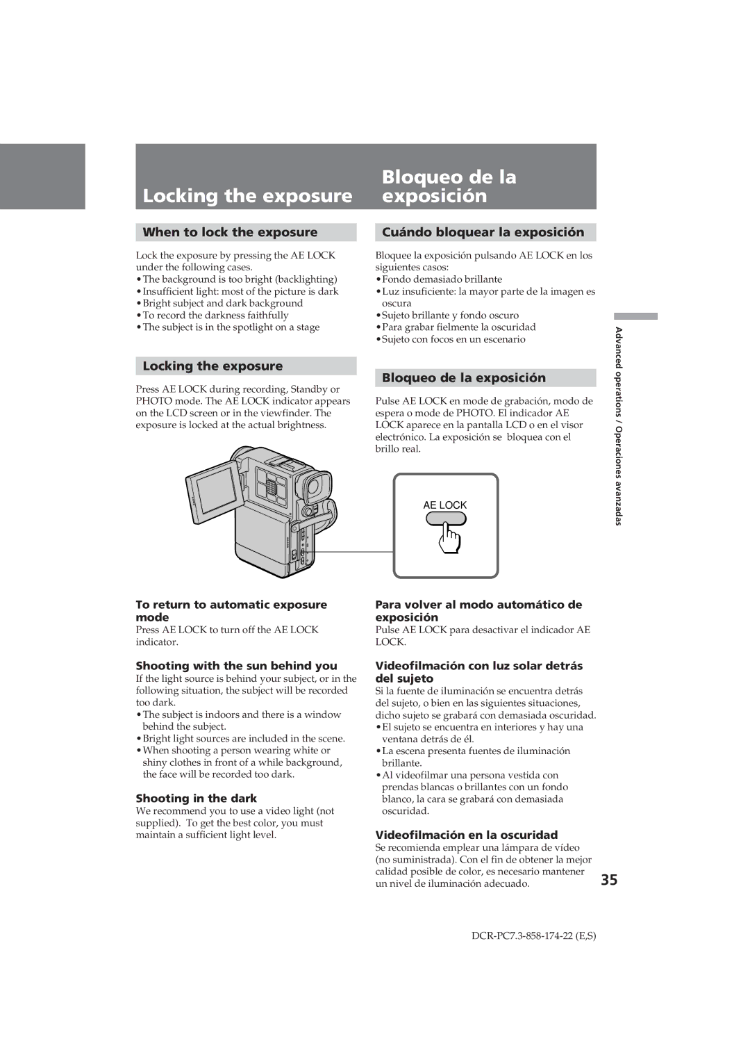 Sony DCR-PC7 operating instructions Locking the exposure, Bloqueo de la exposición 