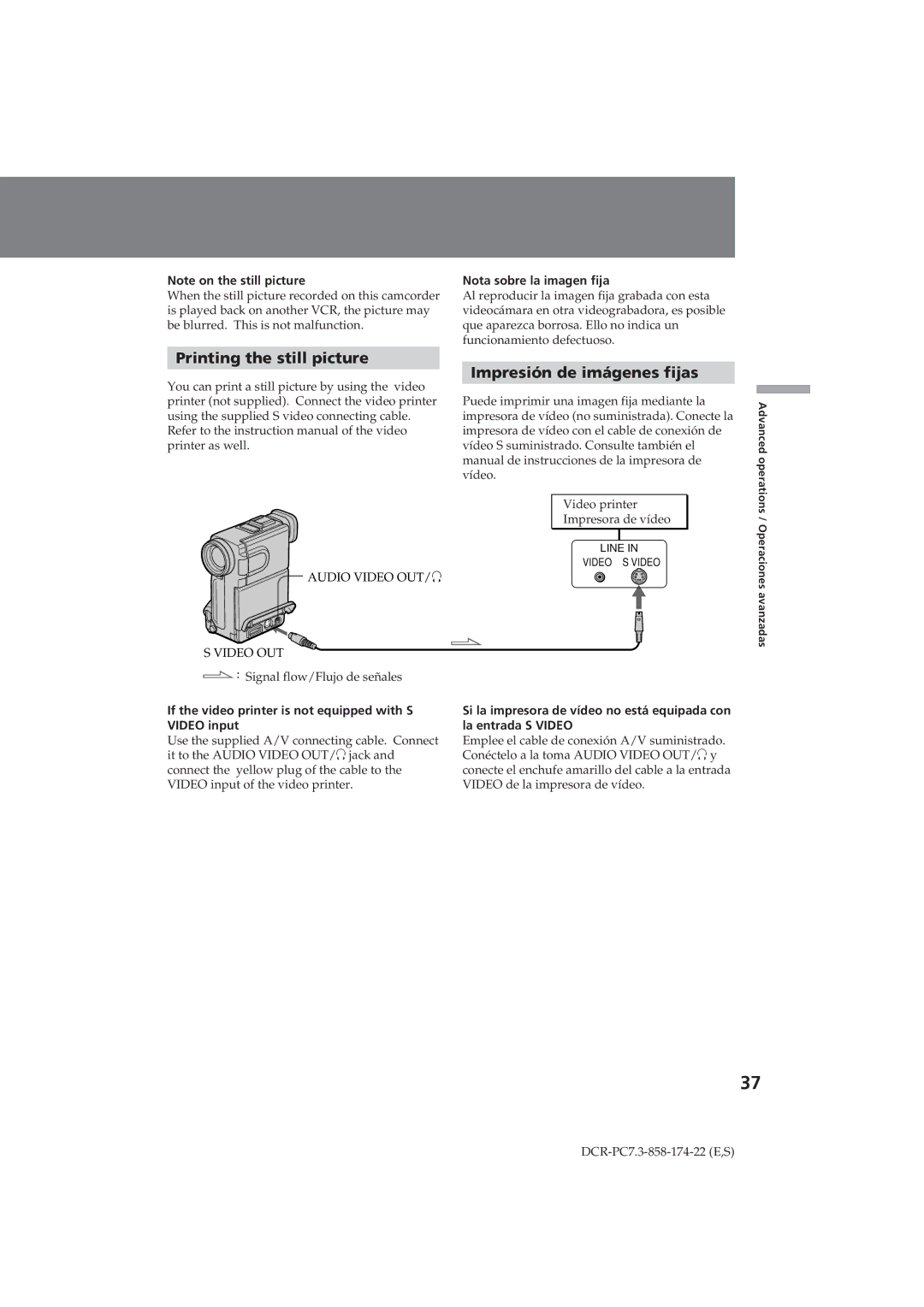 Sony DCR-PC7 operating instructions Printing the still picture, Impresión de imágenes fijas, Nota sobre la imagen fija 