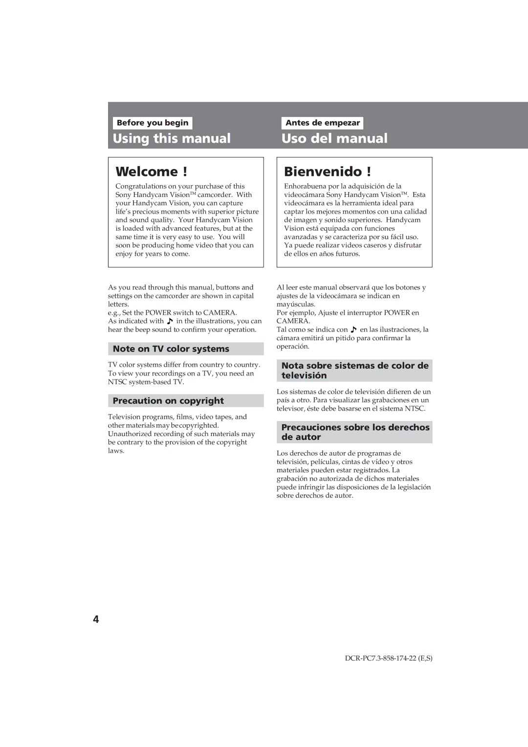 Sony DCR-PC7 Using this manual, Uso del manual, Precaution on copyright, Nota sobre sistemas de color de Televisión 