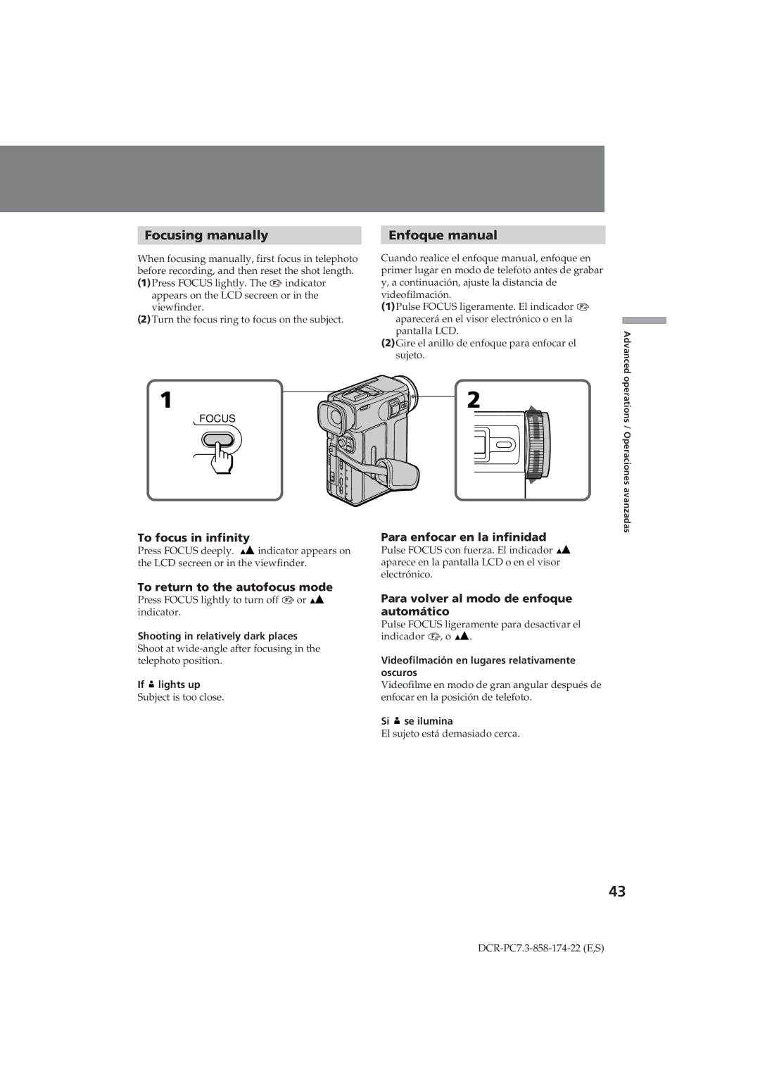 Sony DCR-PC7 operating instructions Focusing manually, Enfoque manual 