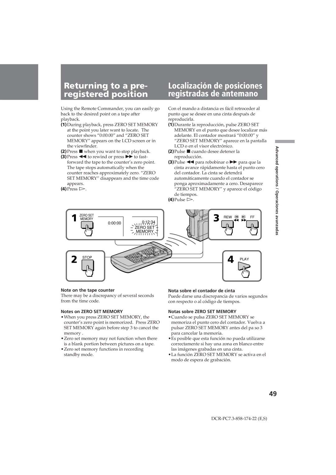 Sony DCR-PC7 operating instructions Returning to a pre, Registered position, Nota sobre el contador de cinta 