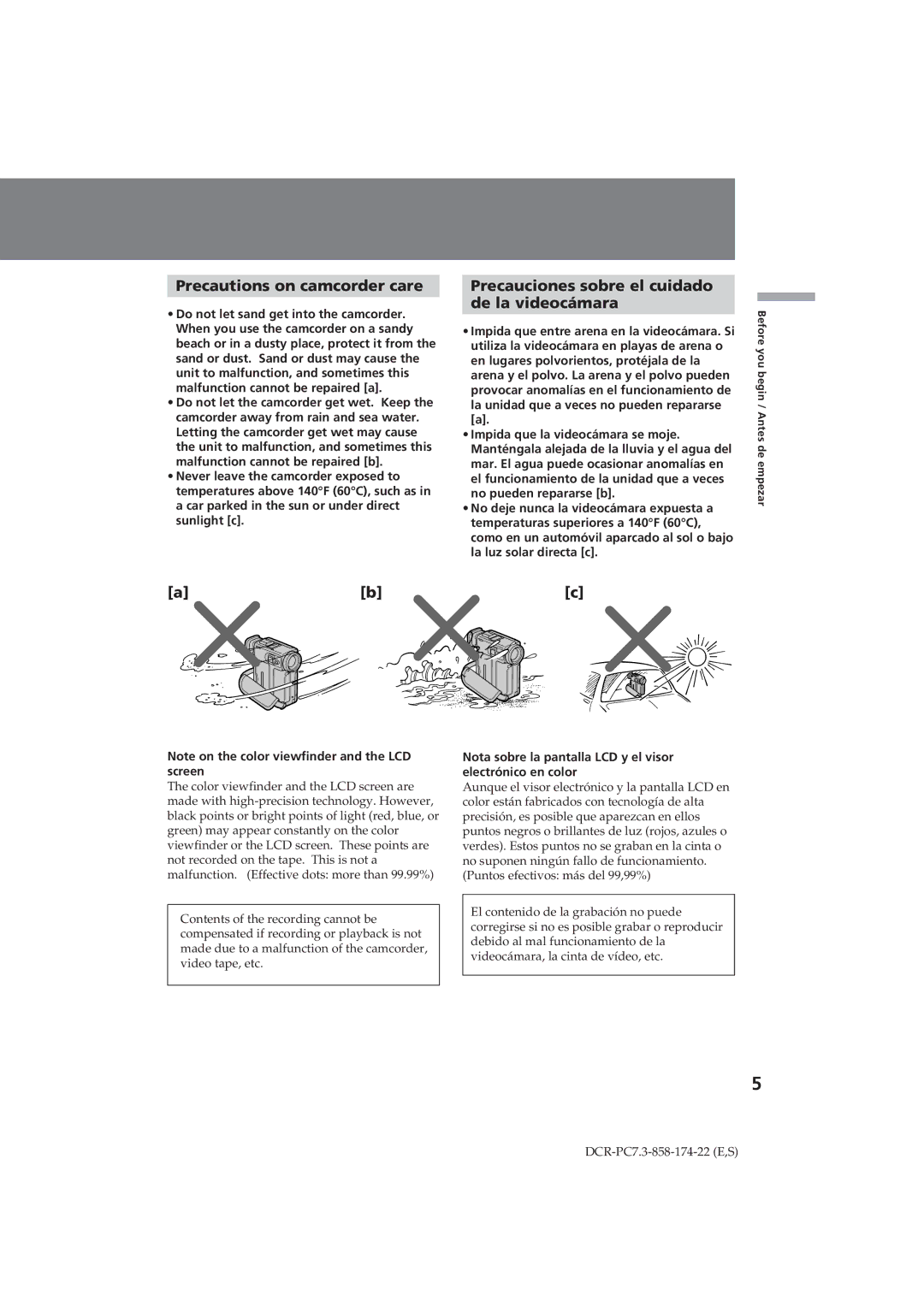 Sony DCR-PC7 operating instructions Precautions on camcorder care, Precauciones sobre el cuidado De la videocámara 