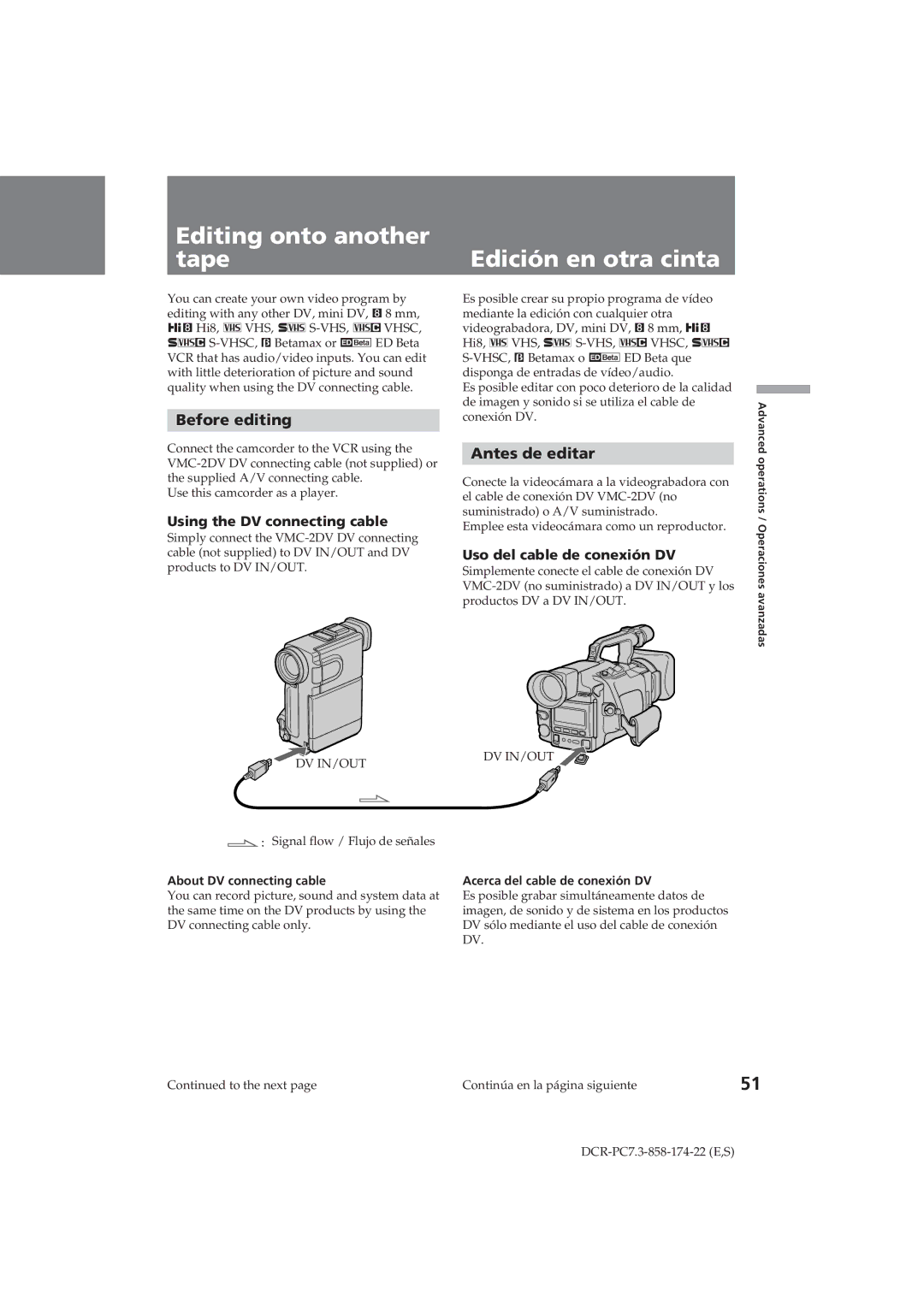 Sony DCR-PC7 operating instructions Editing onto another tape, Edición en otra cinta, Before editing, Antes de editar 