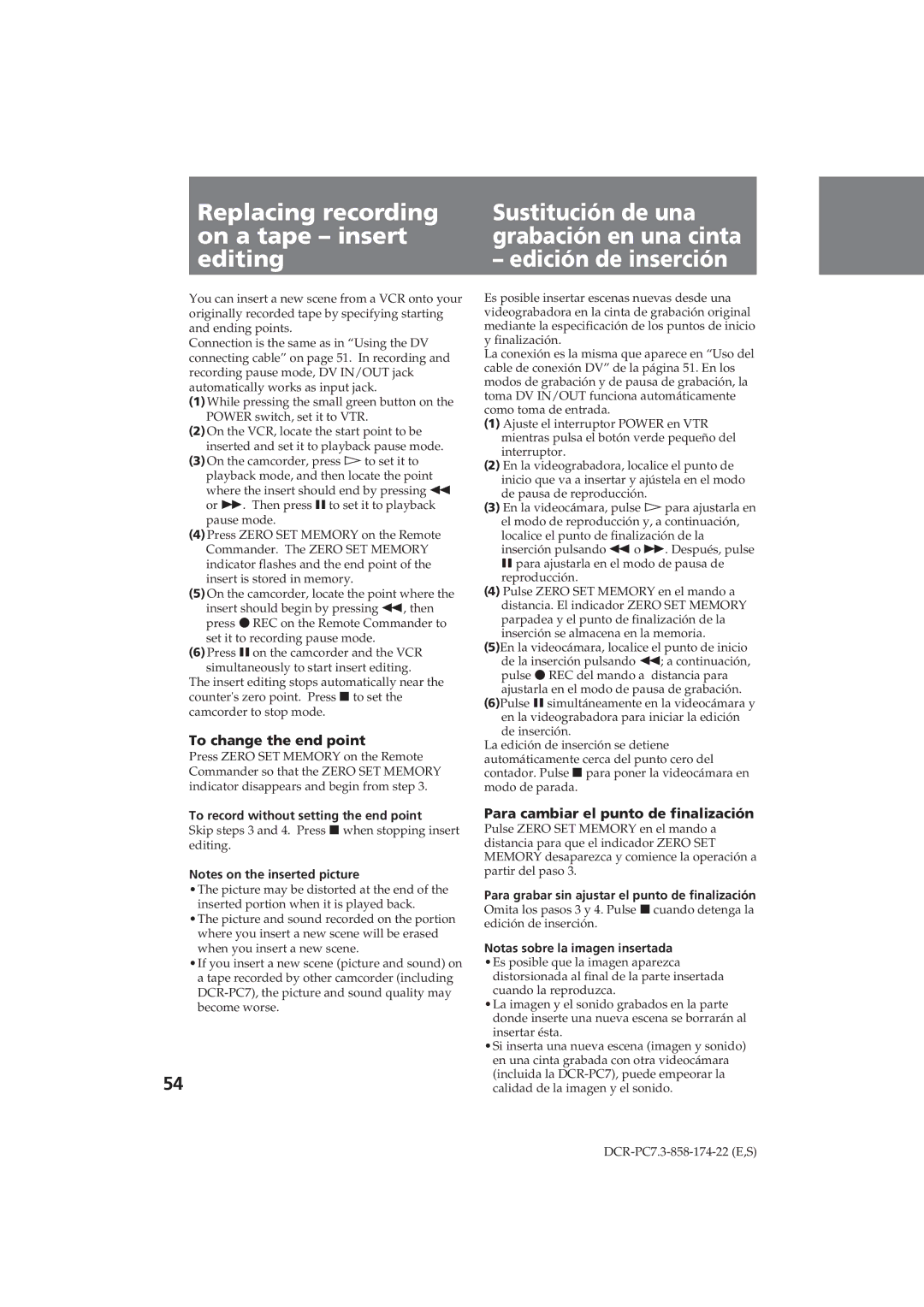 Sony DCR-PC7 Replacing recording on a tape insert editing, To change the end point, Para cambiar el punto de finalización 