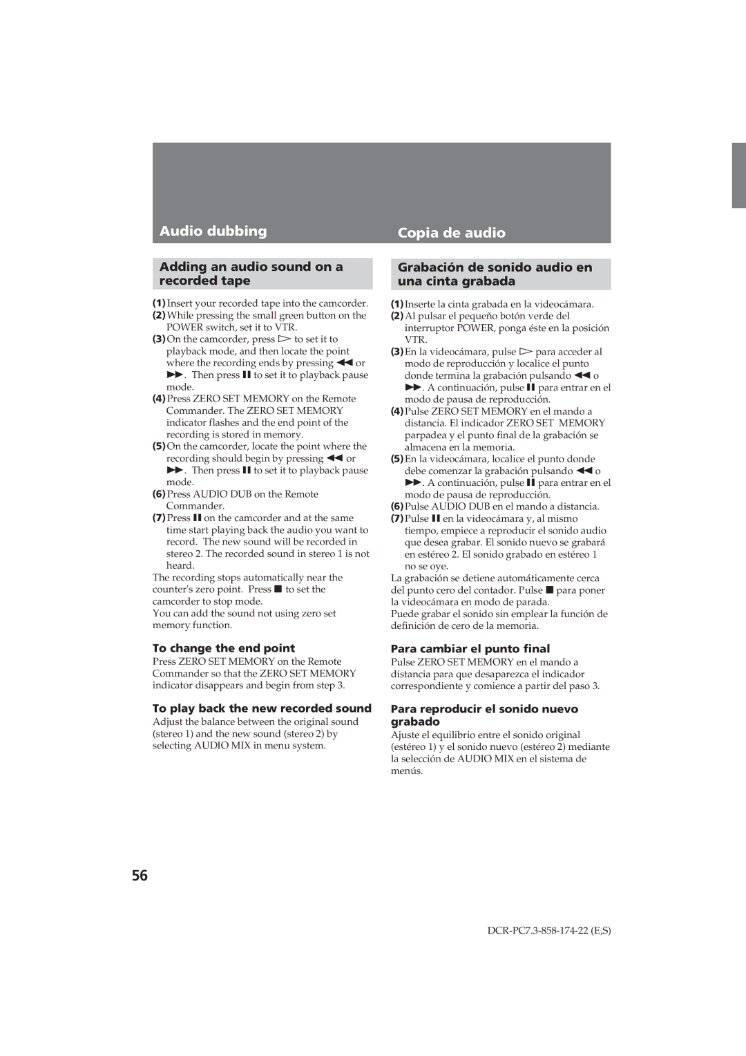 Sony DCR-PC7 operating instructions Audio dubbing Copia de audio, Adding an audio sound on a Recorded tape 