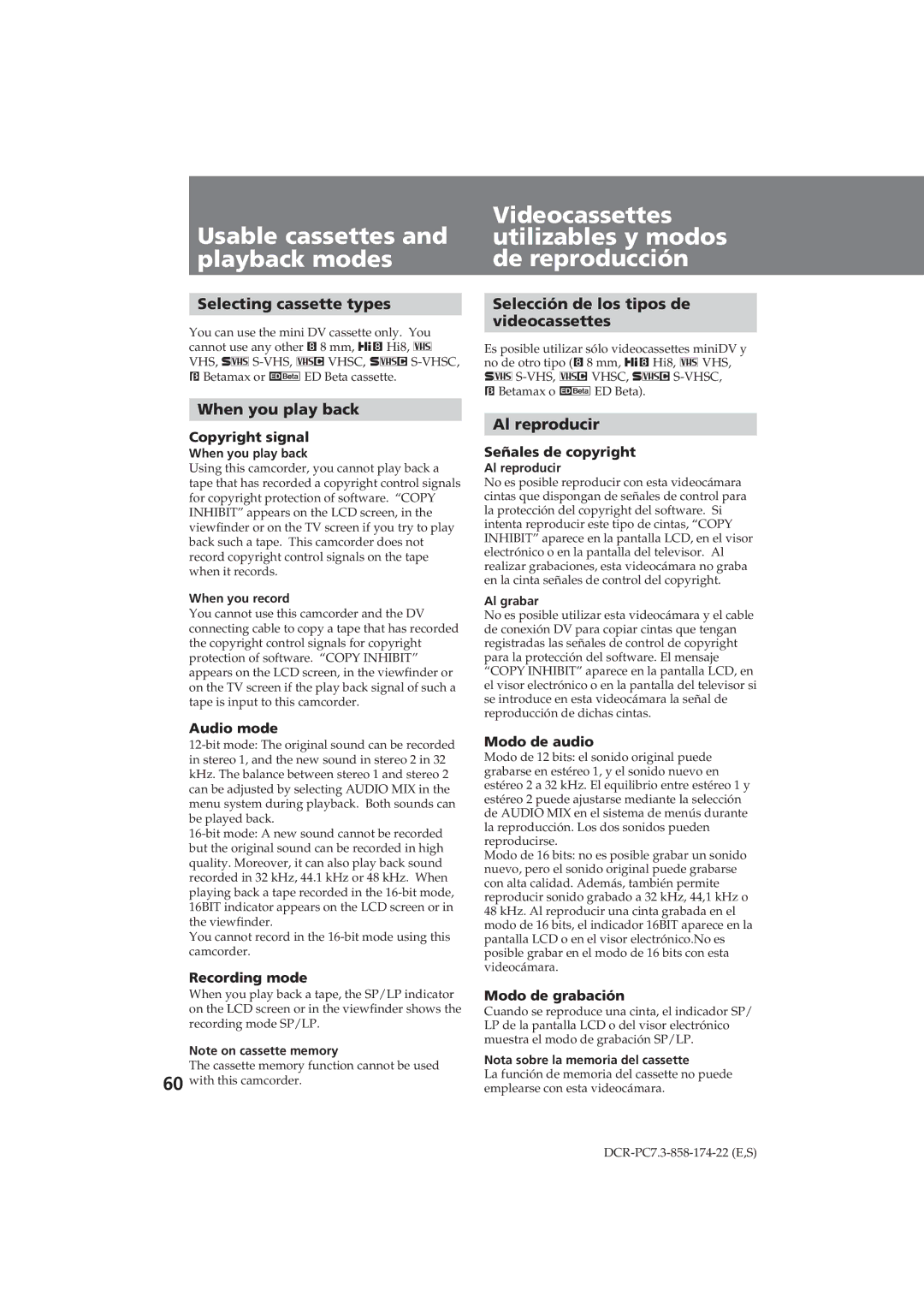 Sony DCR-PC7 operating instructions Usable cassettes and playback modes, Videocassettes utilizables y modos de reproducción 