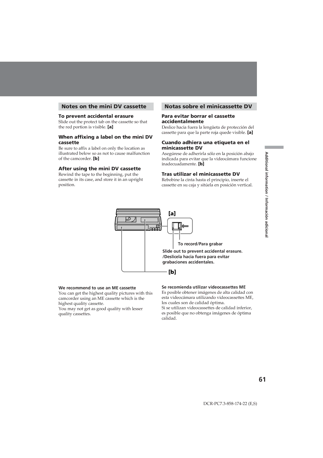 Sony DCR-PC7 operating instructions Notas sobre el minicassette DV 