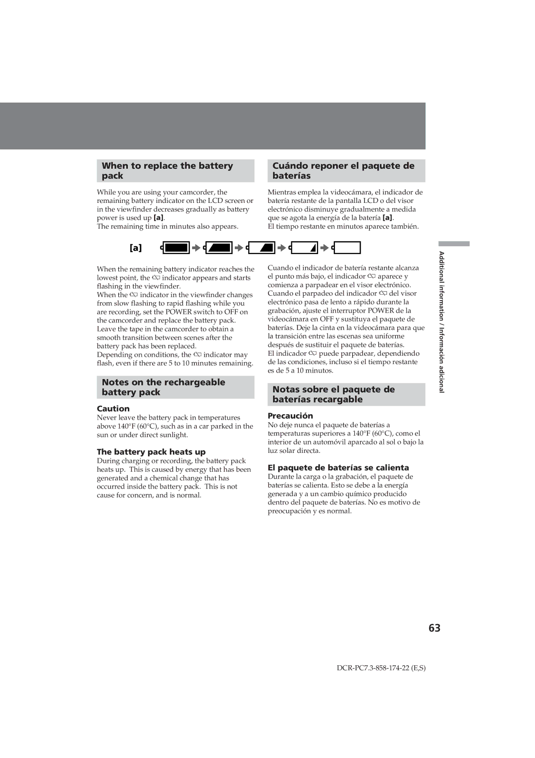 Sony DCR-PC7 operating instructions When to replace the battery Pack, Cuándo reponer el paquete de Baterías, Battery pack 