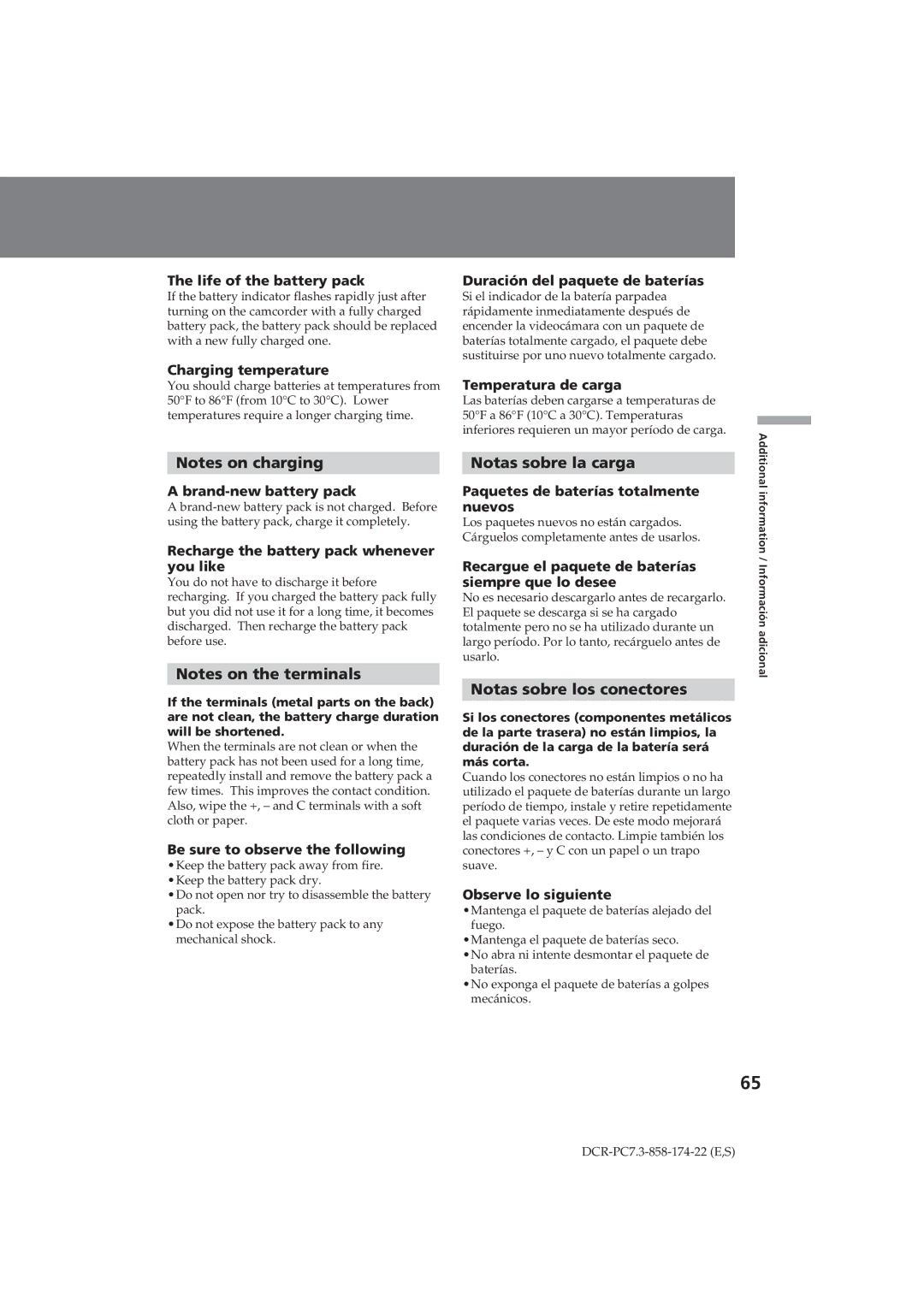 Sony DCR-PC7 operating instructions Notas sobre la carga, Notas sobre los conectores 