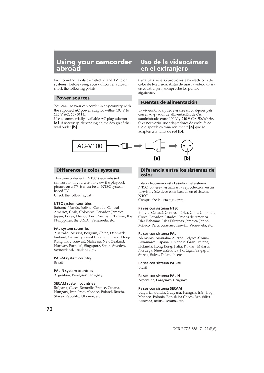 Sony DCR-PC7 Power sources, Fuentes de alimentación, Difference in color systems, Diferencia entre los sistemas de Color 