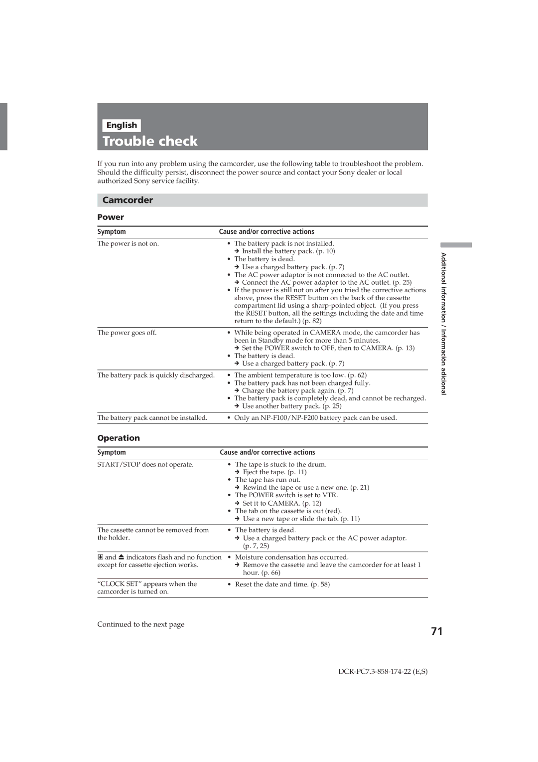 Sony DCR-PC7 operating instructions Trouble check, Camcorder, English, Power, Operation 