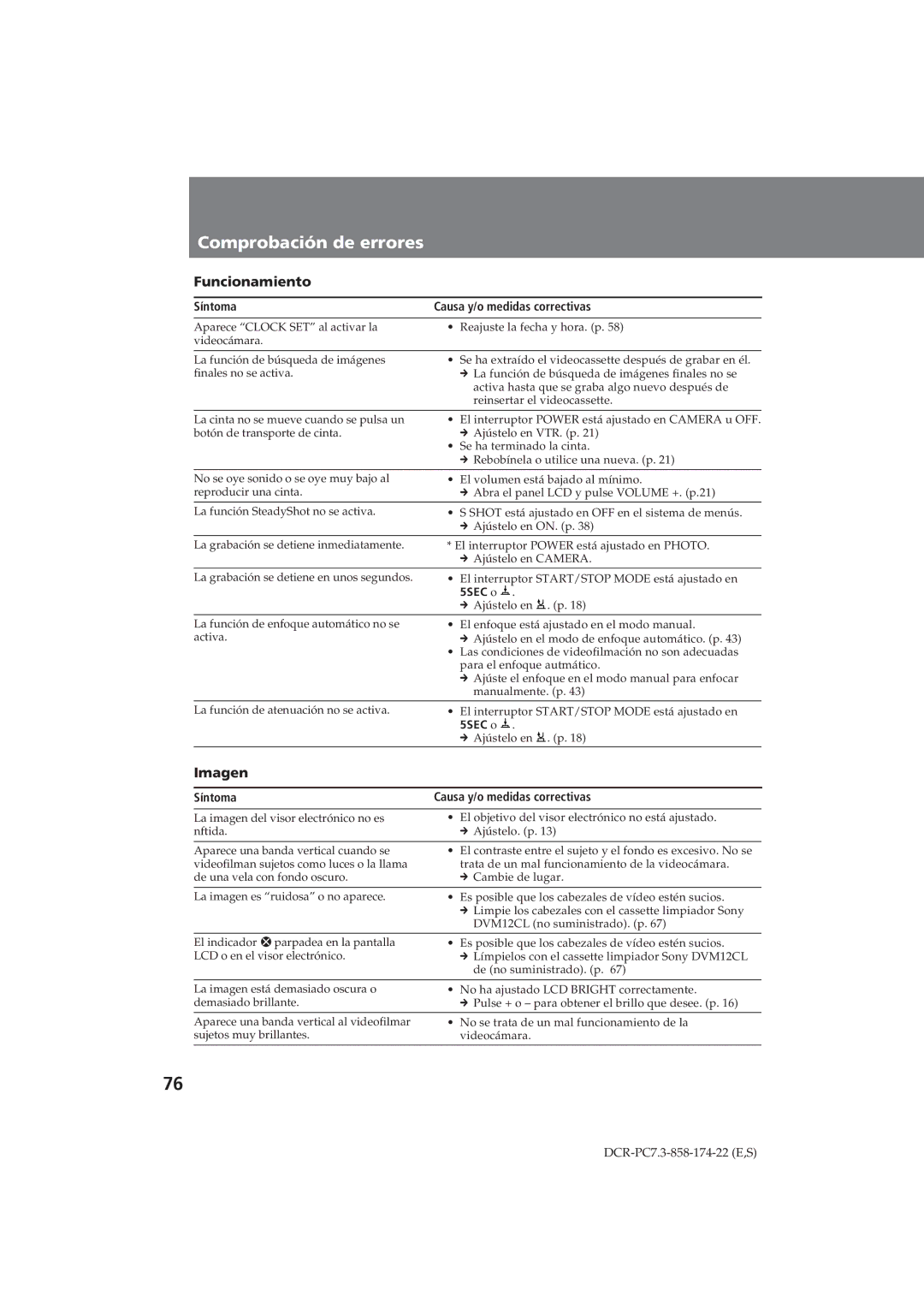 Sony DCR-PC7 operating instructions Comprobación de errores, Imagen, Síntoma 