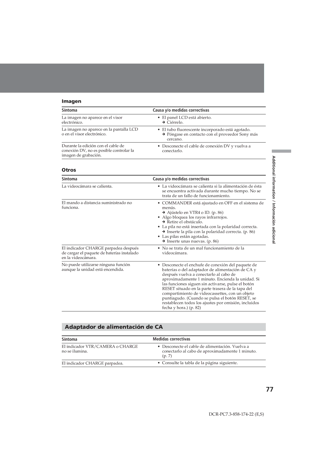 Sony DCR-PC7 operating instructions Adaptador de alimentación de CA, Otros, Síntoma Medidas correctivas 