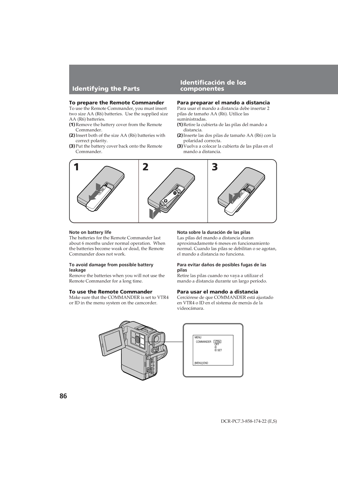 Sony DCR-PC7 operating instructions Identificación de los, Identifying the Parts Componentes 