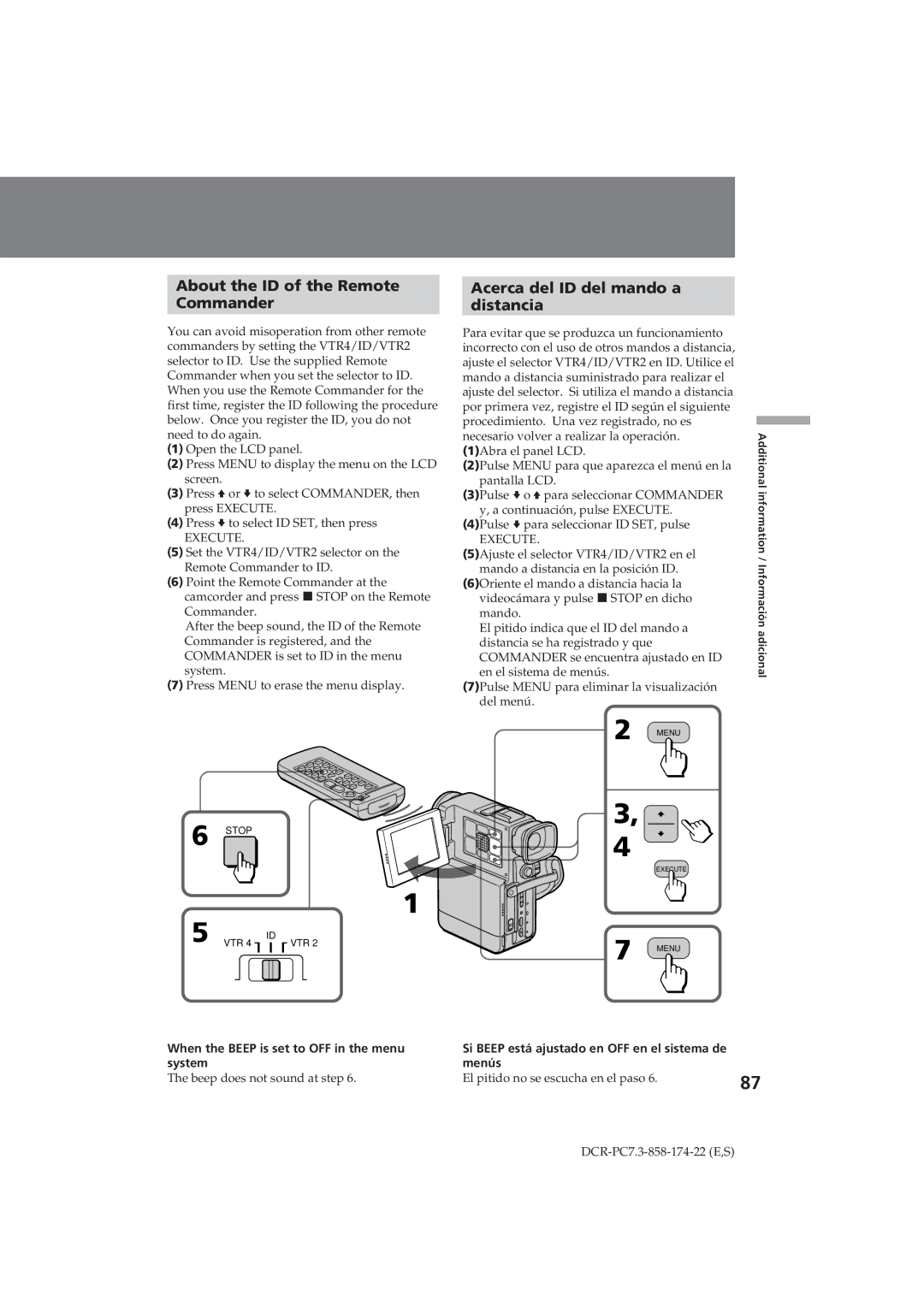 Sony DCR-PC7 operating instructions About the ID of the Remote Commander, Acerca del ID del mando a Distancia 