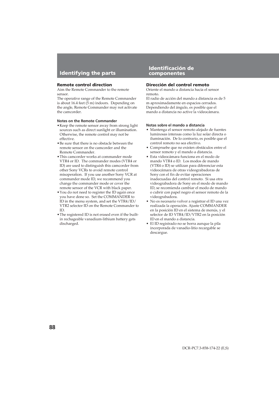 Sony DCR-PC7 Remote control direction, Dirección del control remoto, Notas sobre el mando a distancia 