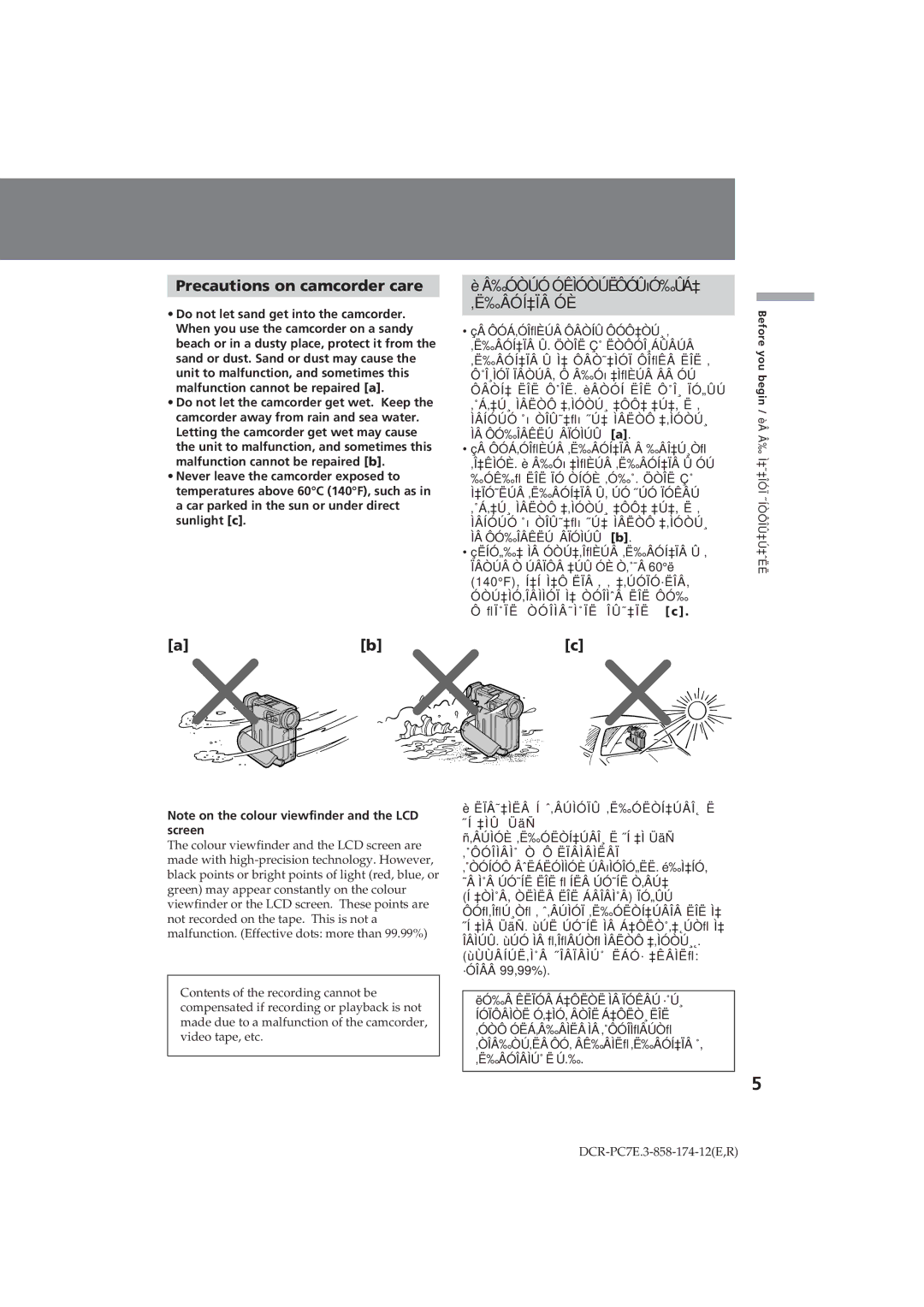 Sony DCR-PC7E Precautions on camcorder care, ‰ÓÒÚÓ ÓÊÌÓÒÚËÔÓÛõÓ‰ÛÁ‡ ‚Ë‰ÂÓÍ‡ÏÂ ÓÈ, ‚˚ÔÓÎÌÂÌ˚ Ò Ô Ëïâìâìëâï 