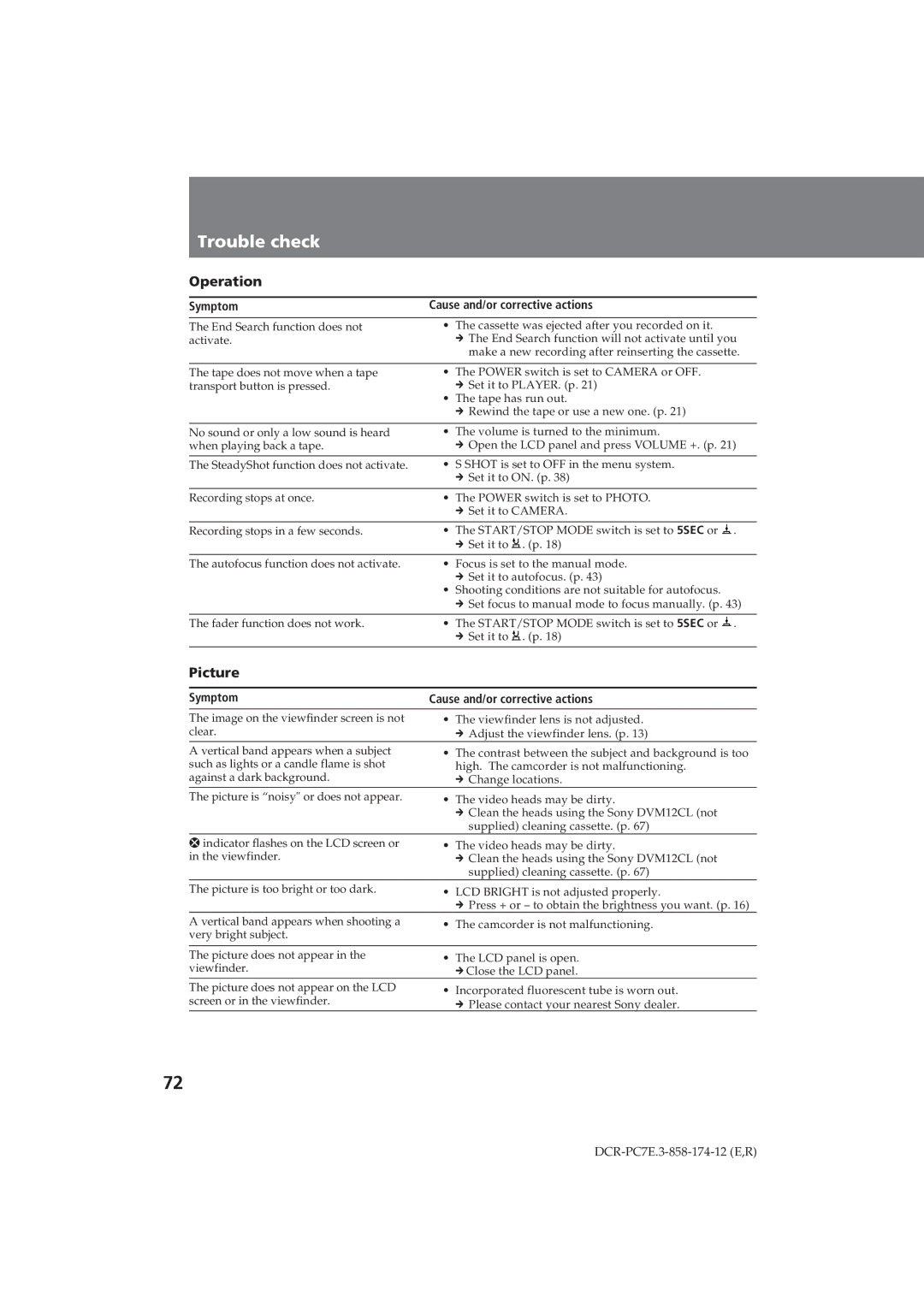 Sony DCR-PC7E operating instructions Trouble check, Picture 