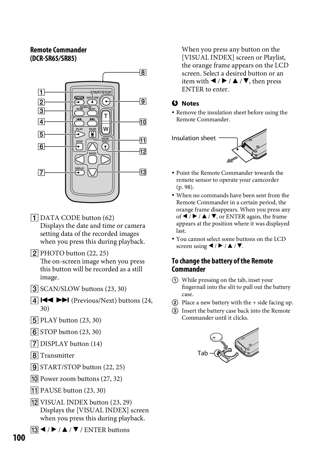 Sony DCR-SR65 manual To change the battery of the Remote Commander,  Data Code button 