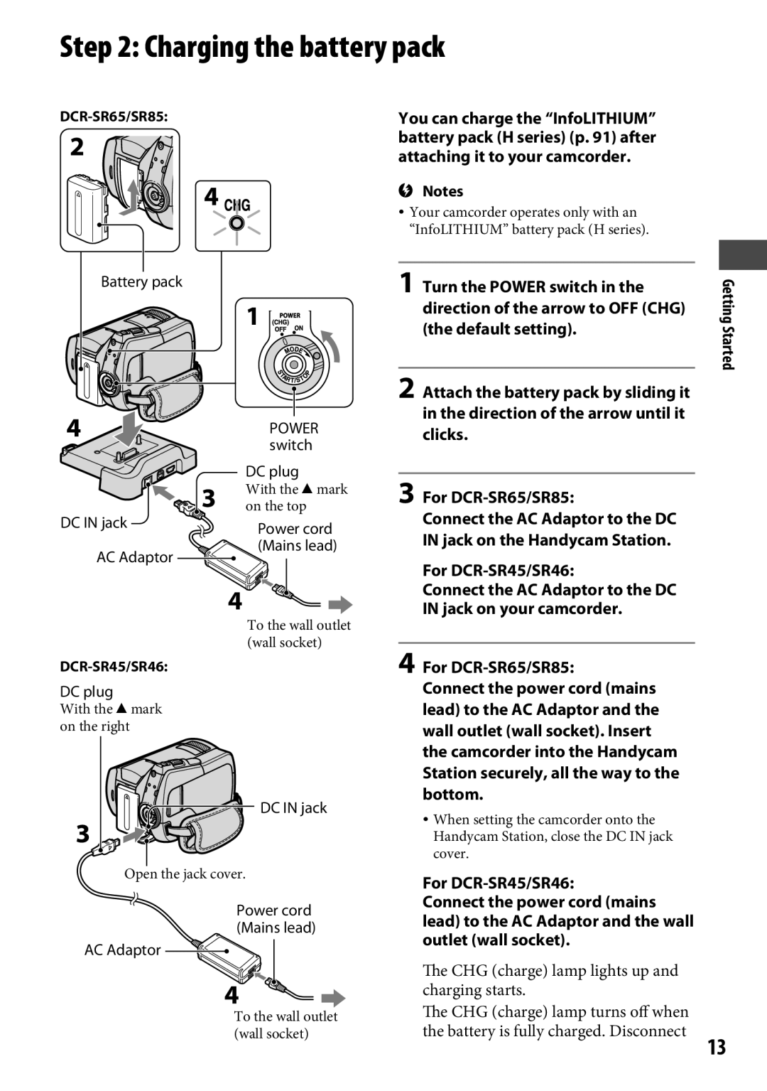 Sony DCR-SR65 manual Charging the battery pack 