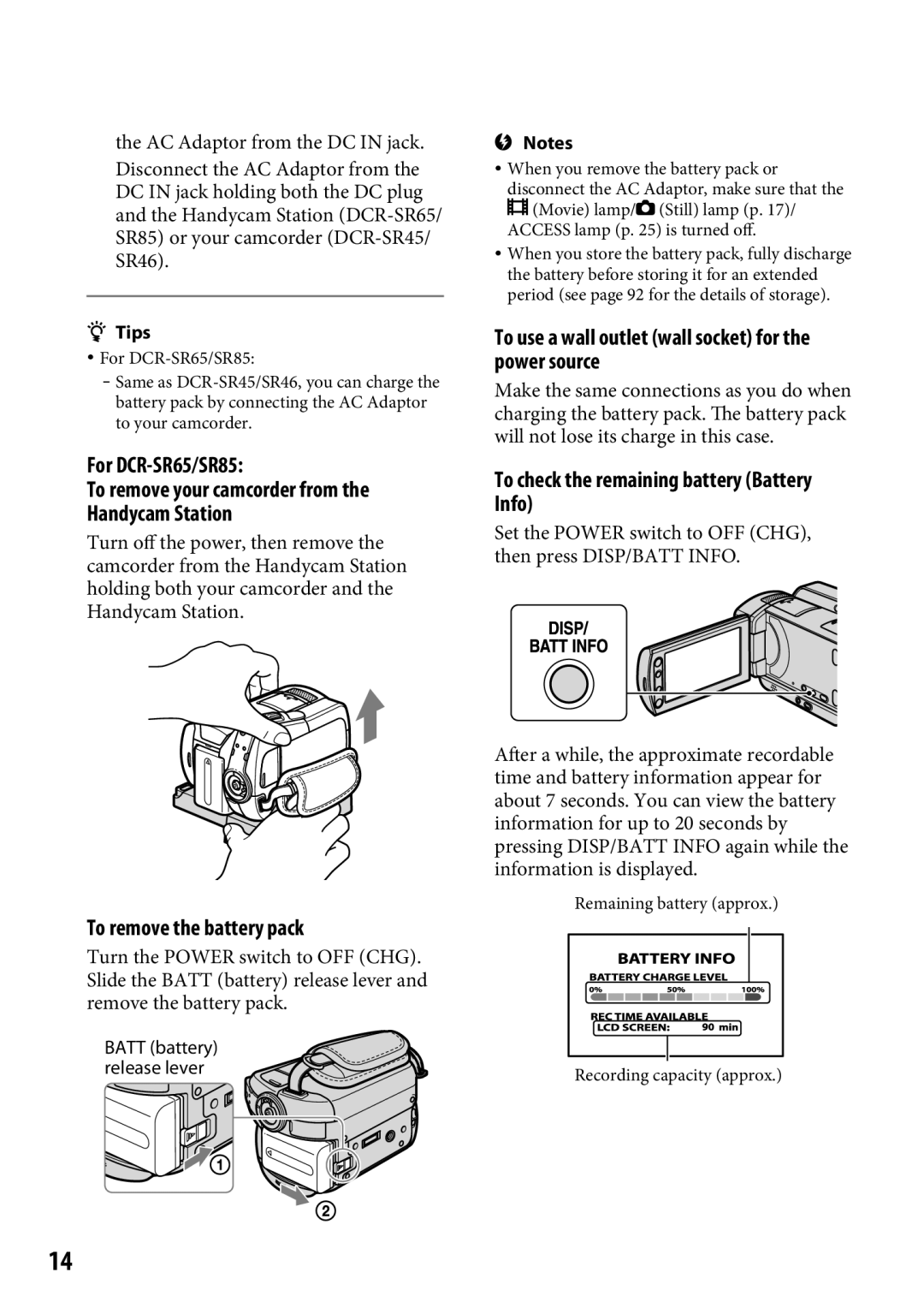 Sony manual For DCR-SR65/SR85, To remove the battery pack, To use a wall outlet wall socket for the power source 