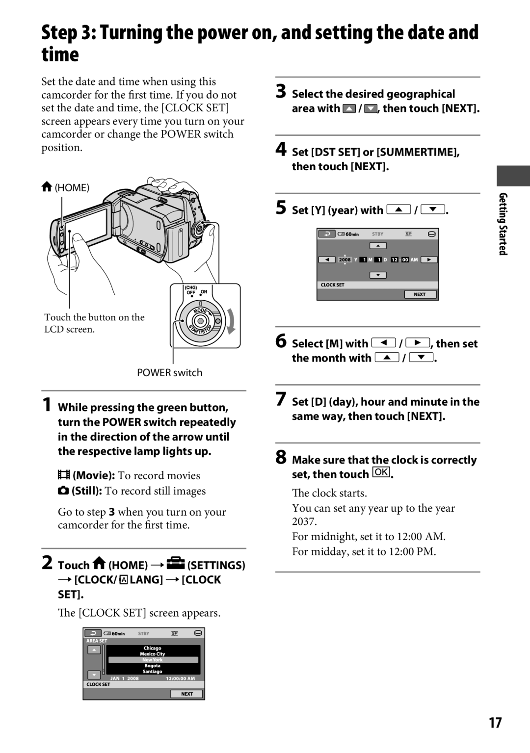 Sony DCR-SR65 manual Turning the power on, and setting the date and time,  CLOCK/ Lang CLOCK SET 