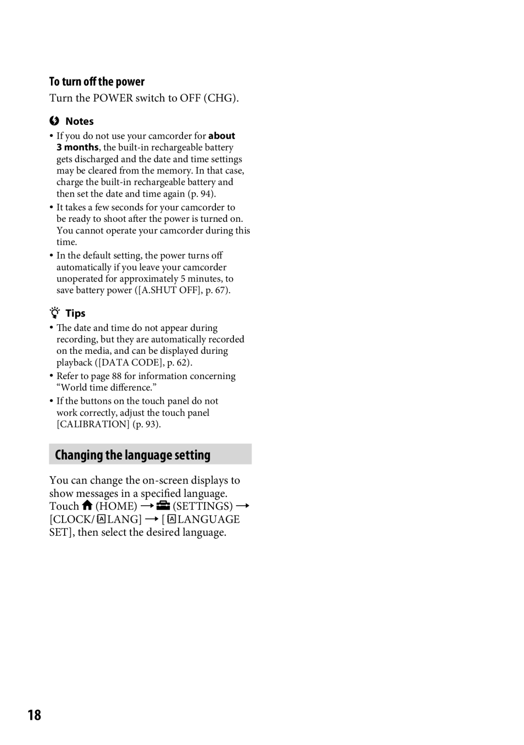 Sony DCR-SR65 manual Changing the language setting, To turn off the power, Turn the Power switch to OFF CHG 