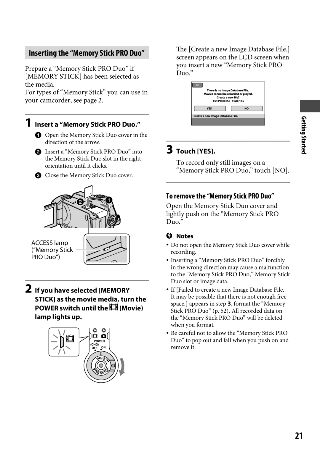 Sony DCR-SR65 manual To remove the Memory Stick PRO Duo, Insert a Memory Stick PRO Duo, Touch YES 