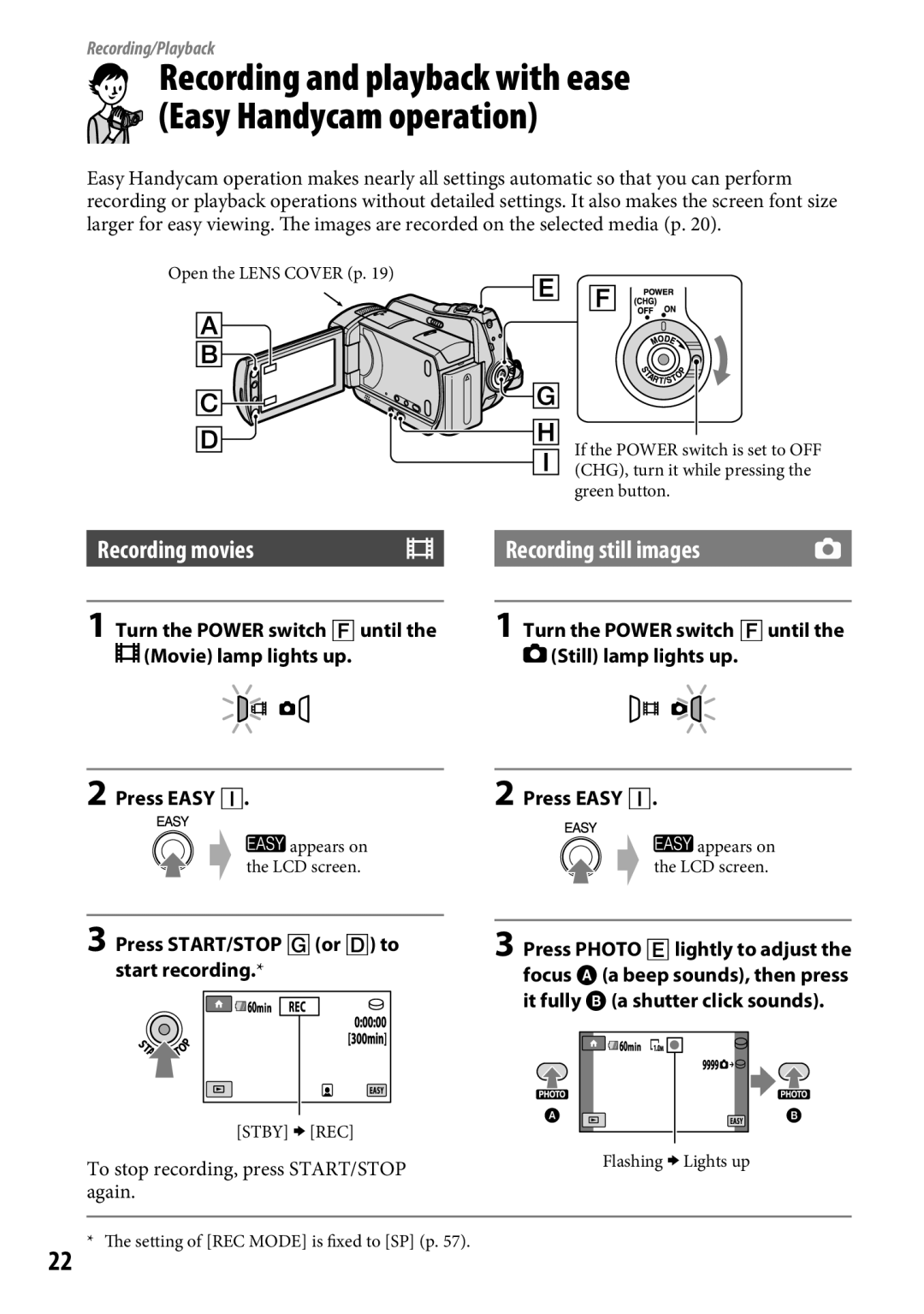 Sony DCR-SR65 manual Recording and playback with ease Easy Handycam operation, Recording movies, Recording still images 