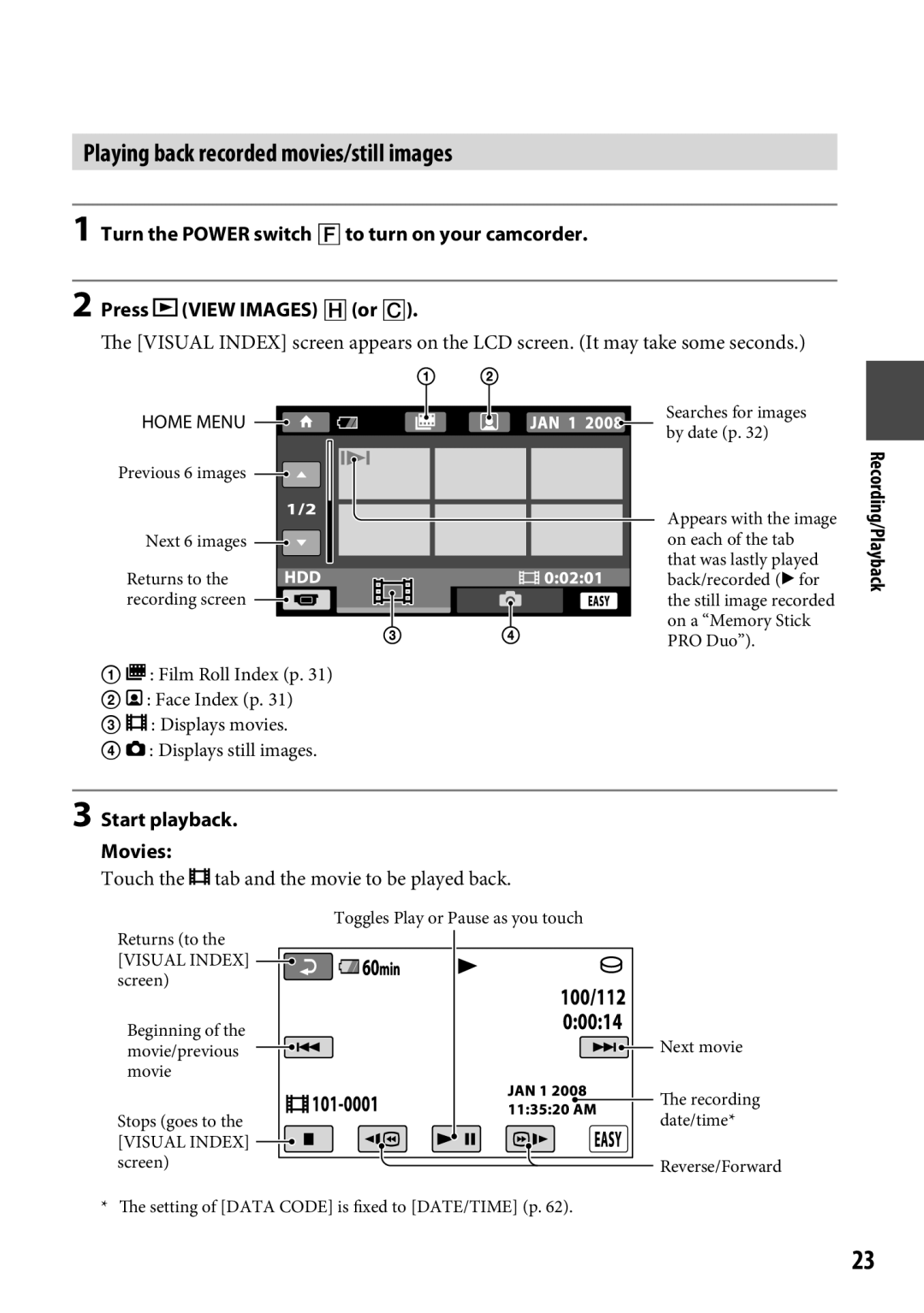 Sony DCR-SR65 Playing back recorded movies/still images, Recording/Playback, Touch the tab and the movie to be played back 