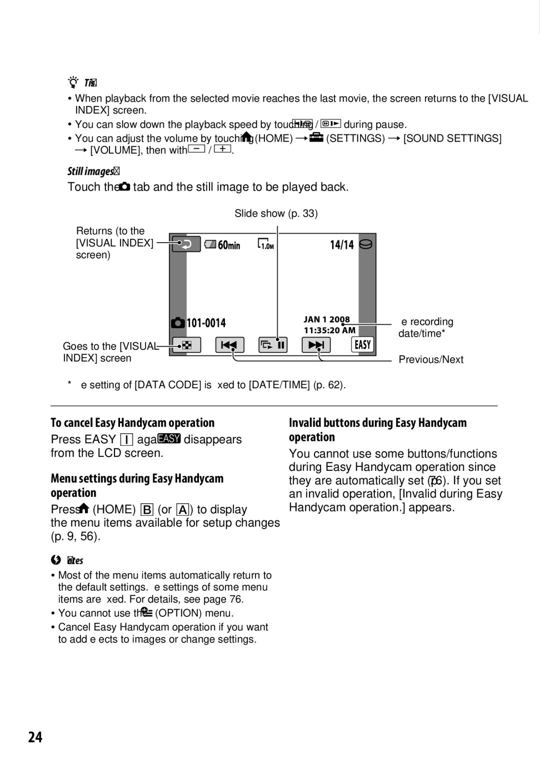 Sony DCR-SR65 manual To cancel Easy Handycam operation, Menu settings during Easy Handycam operation, Still images 