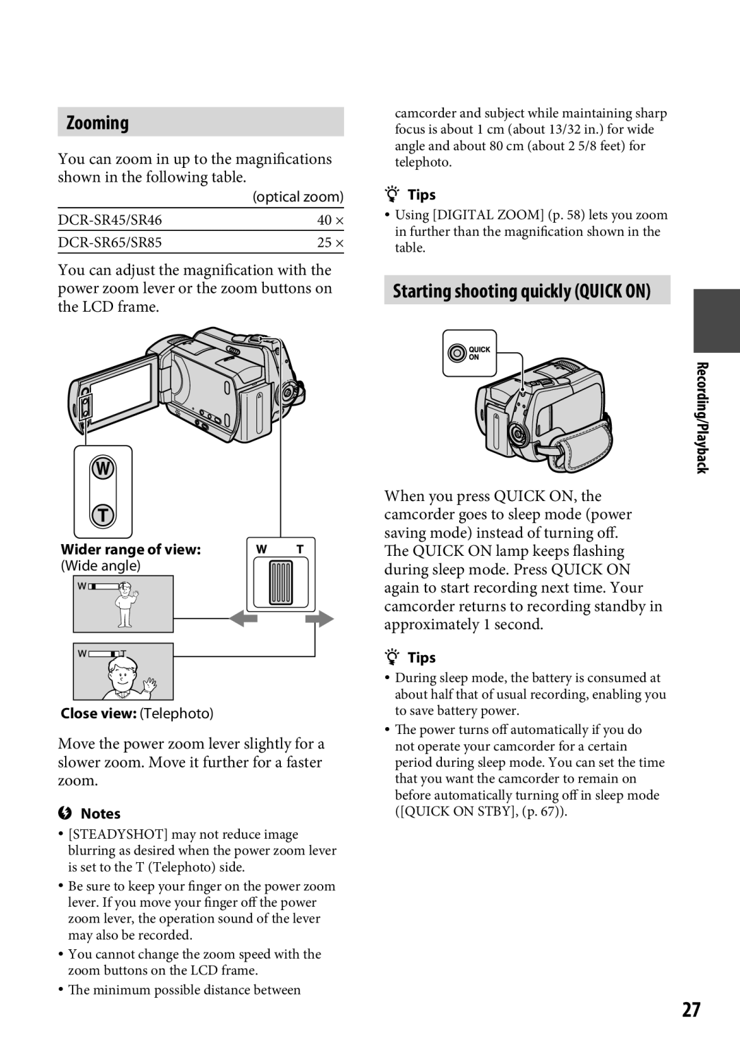 Sony DCR-SR65 manual Zooming, Starting shooting quickly Quick on, Wider range of view, Close view Telephoto 