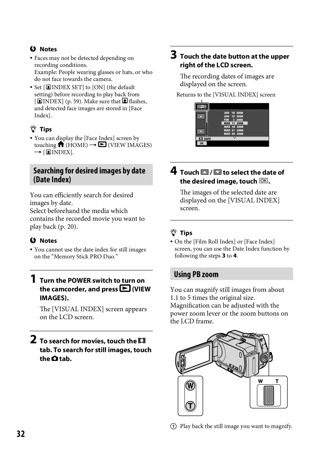 Sony DCR-SR65 manual Using PB zoom, Searching for desired images by date Date Index 