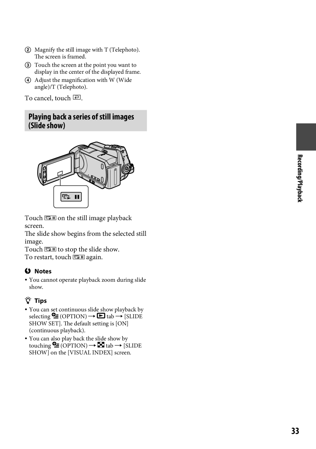 Sony DCR-SR65 manual Playing back a series of still images Slide show, To cancel, touch 