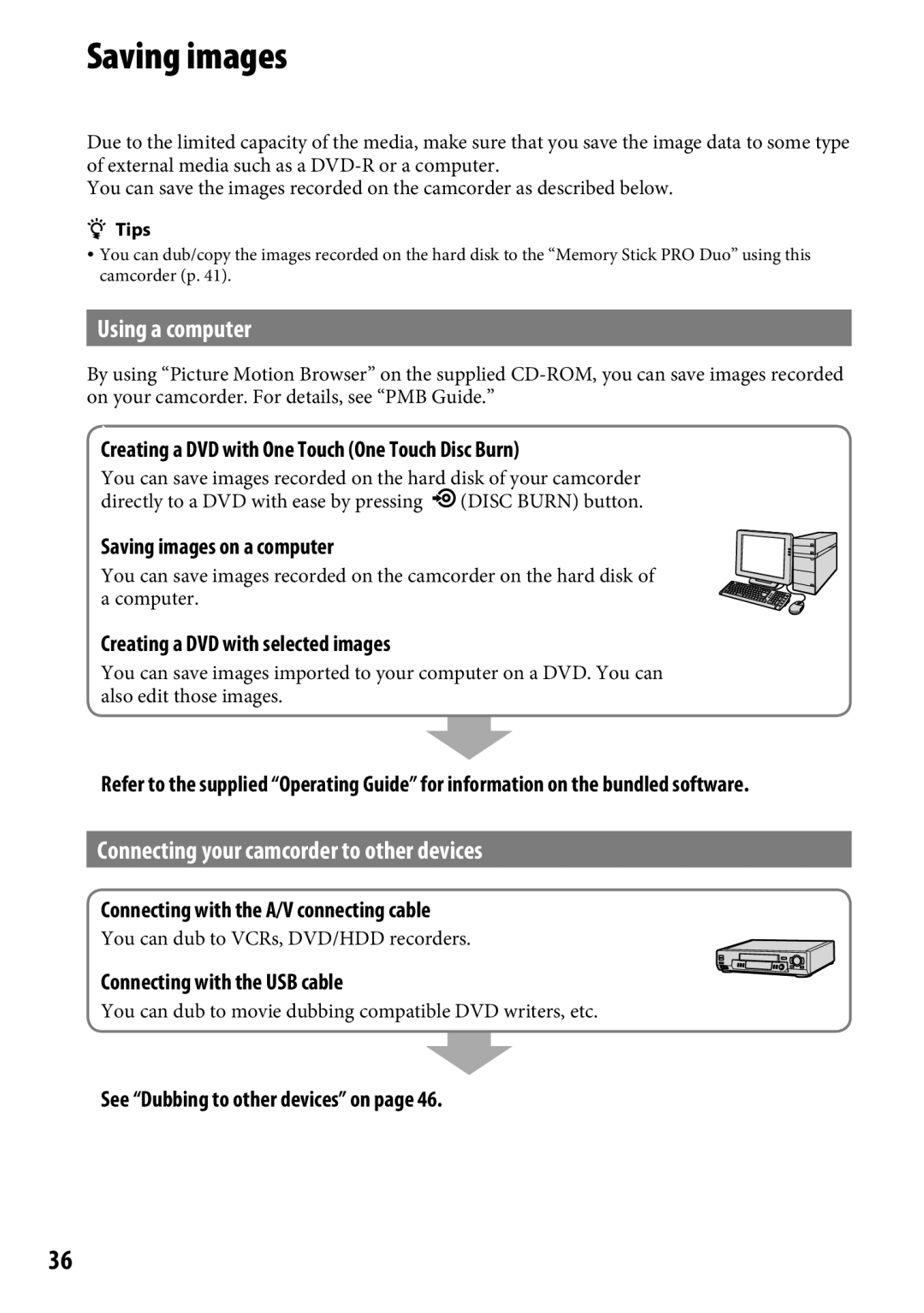 Sony DCR-SR65 manual Saving images, Using a computer, Connecting your camcorder to other devices 