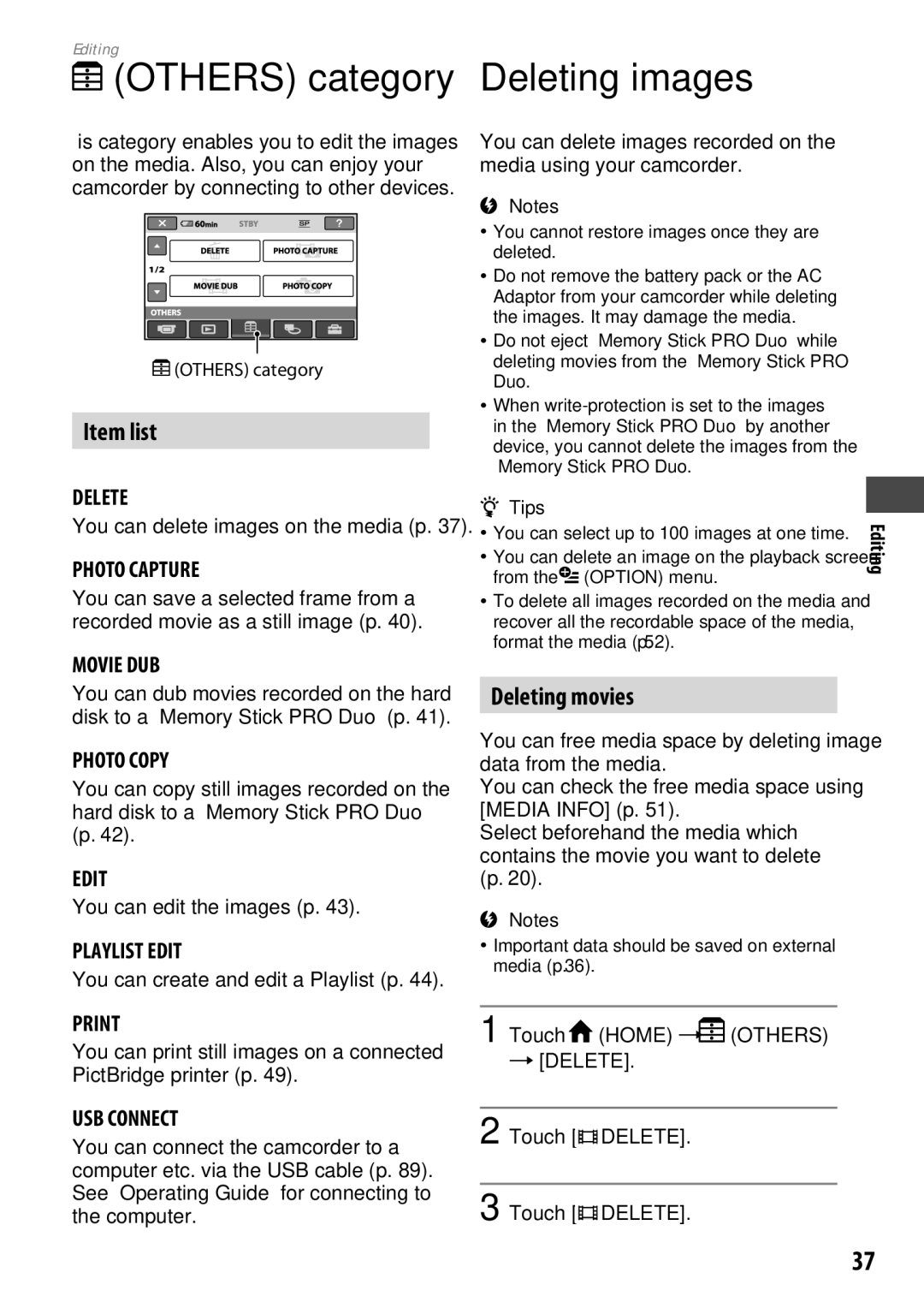 Sony DCR-SR65 manual Others category, Deleting images, Item list, Deleting movies,  Delete 