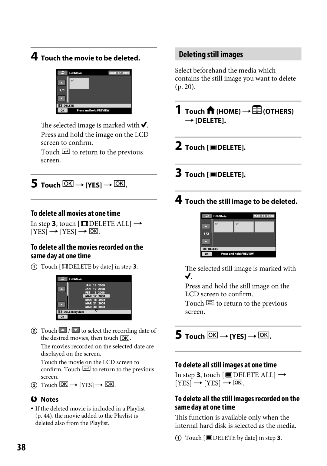 Sony DCR-SR65 manual Deleting still images, To delete all movies at one time, To delete all still images at one time 