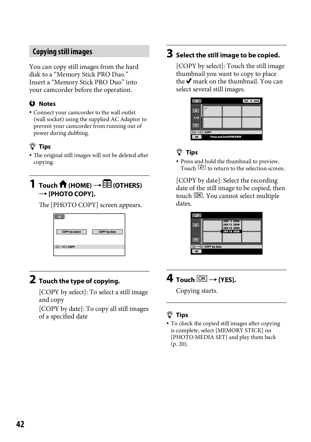 Sony DCR-SR65 manual Copying still images,  Photo Copy, Touch the type of copying, Select the still image to be copied 